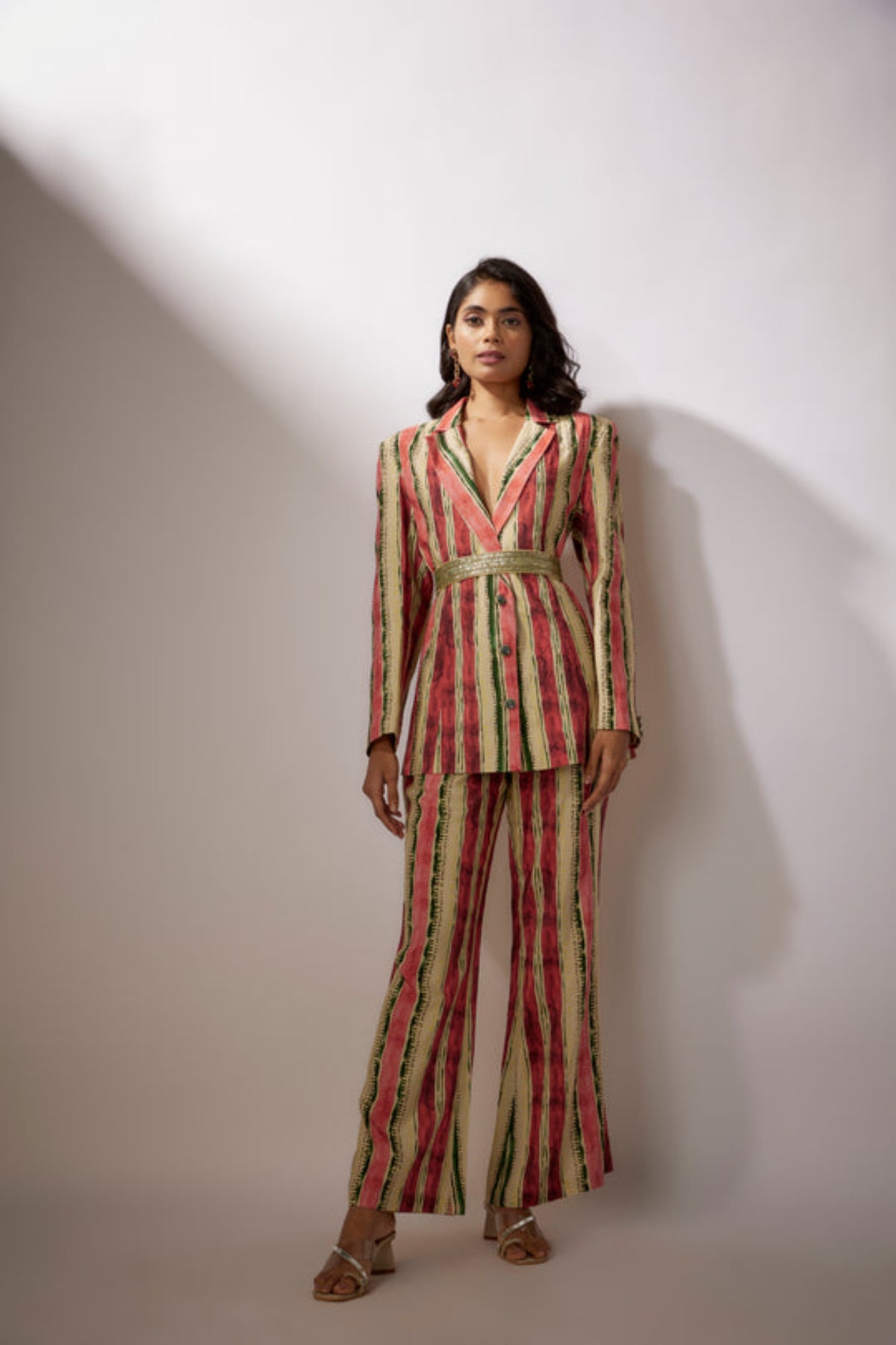 Beige Stripes Printed Blazer Set