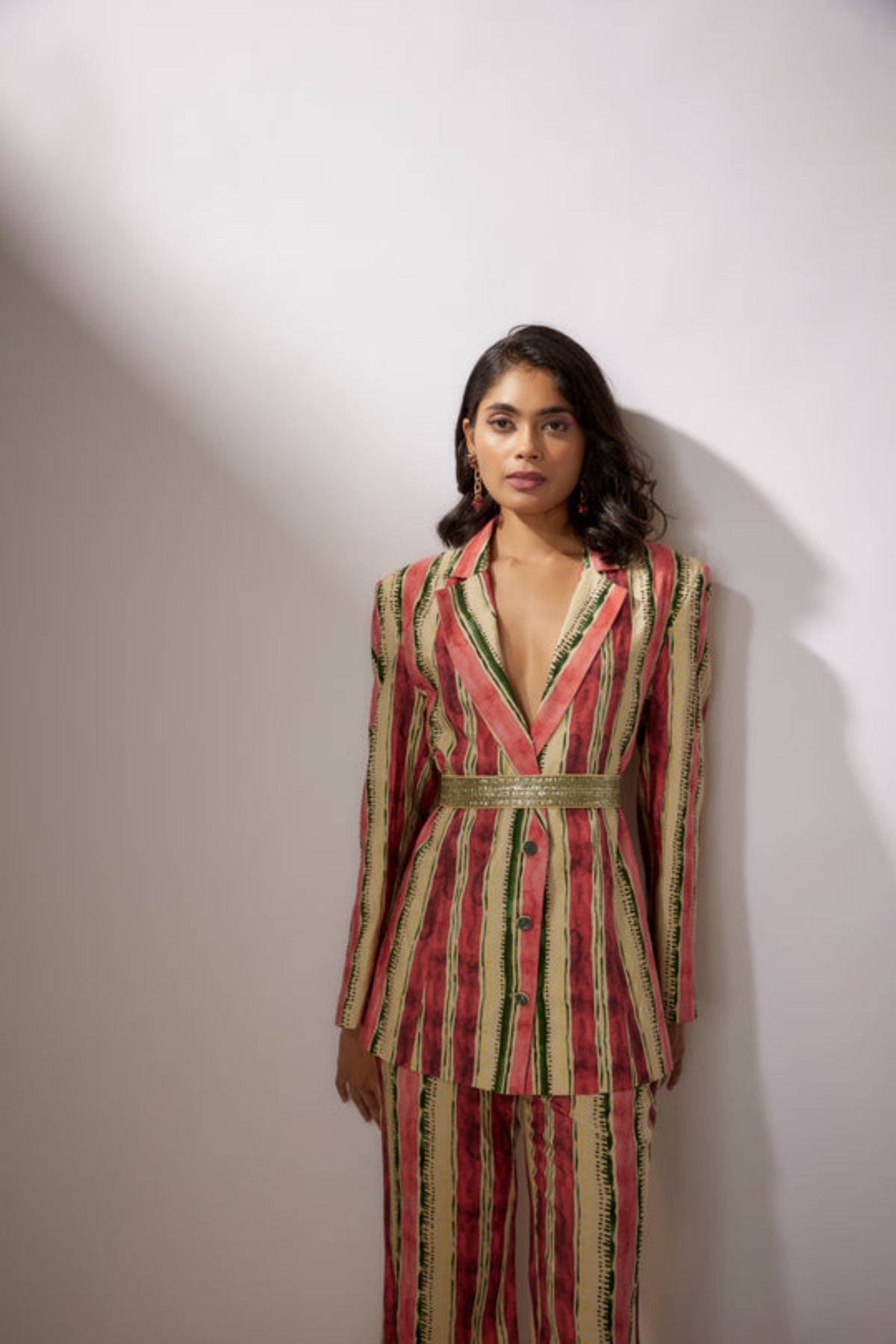 Beige Stripes Printed Blazer Set