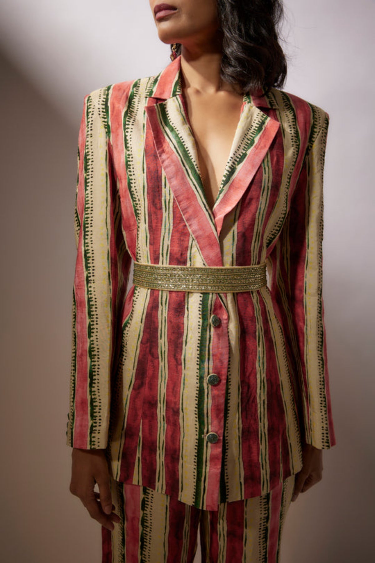 Beige Stripes Printed Blazer Set