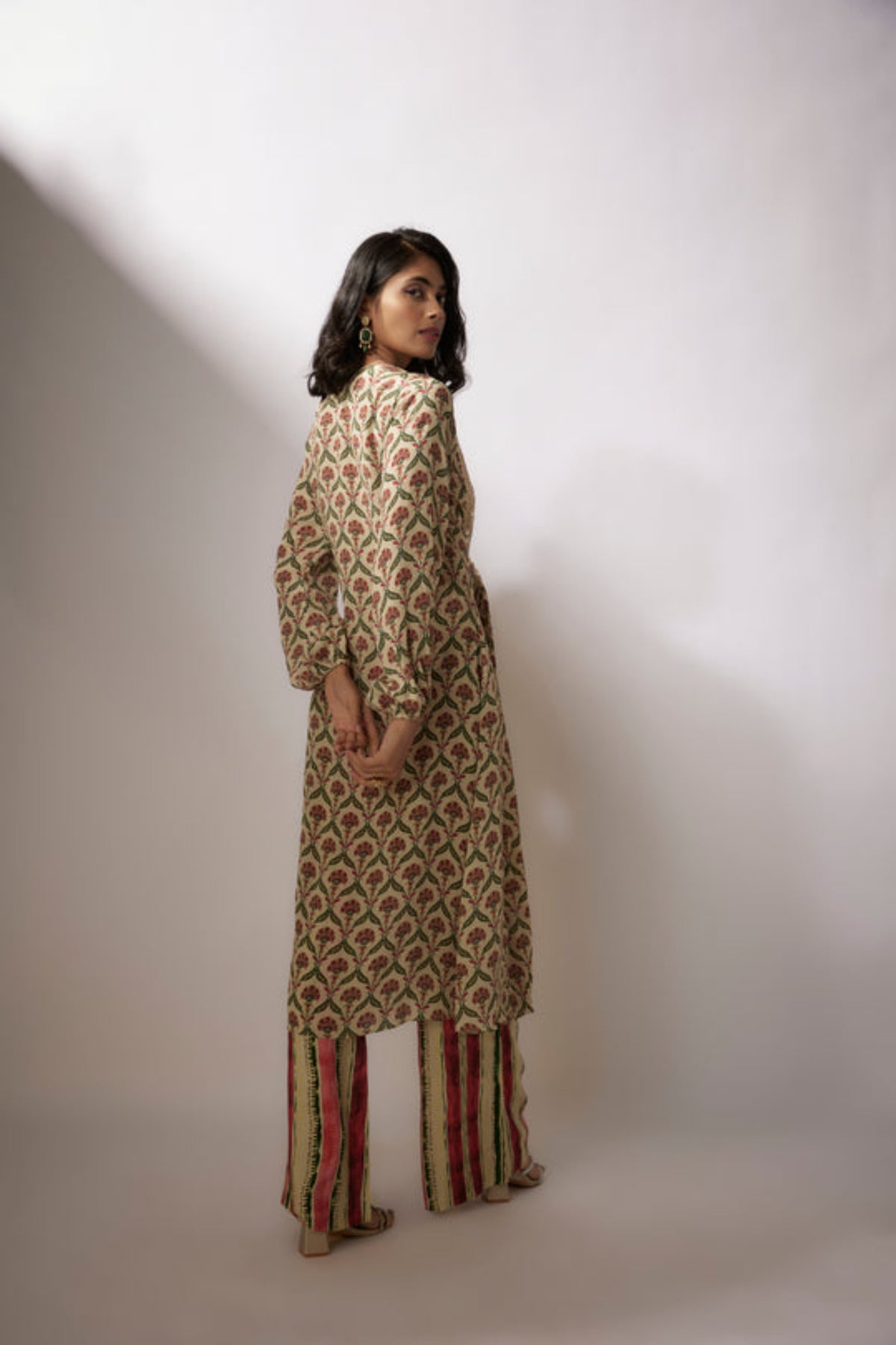 Beige Printed Crepe Kurta With Pants