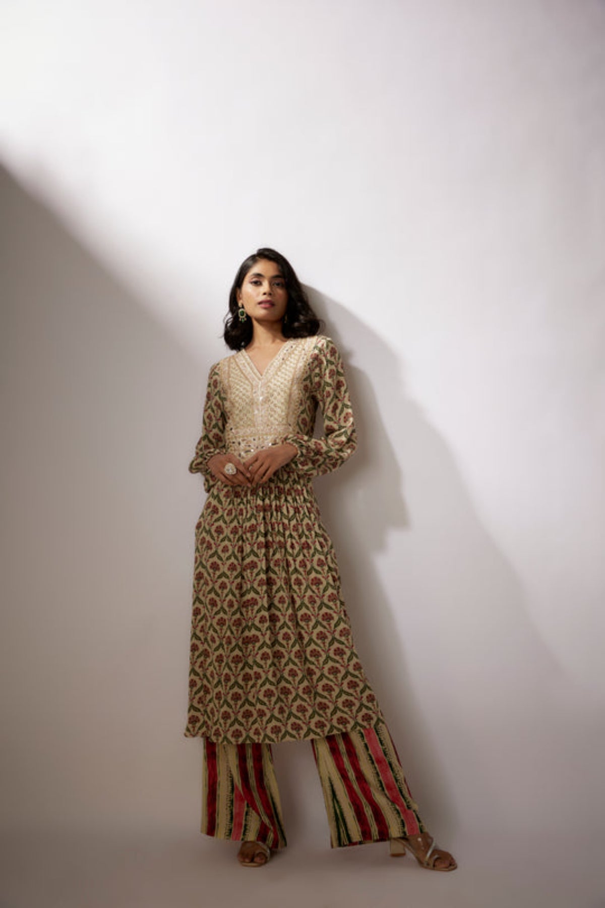 Beige Printed Crepe Kurta With Pants