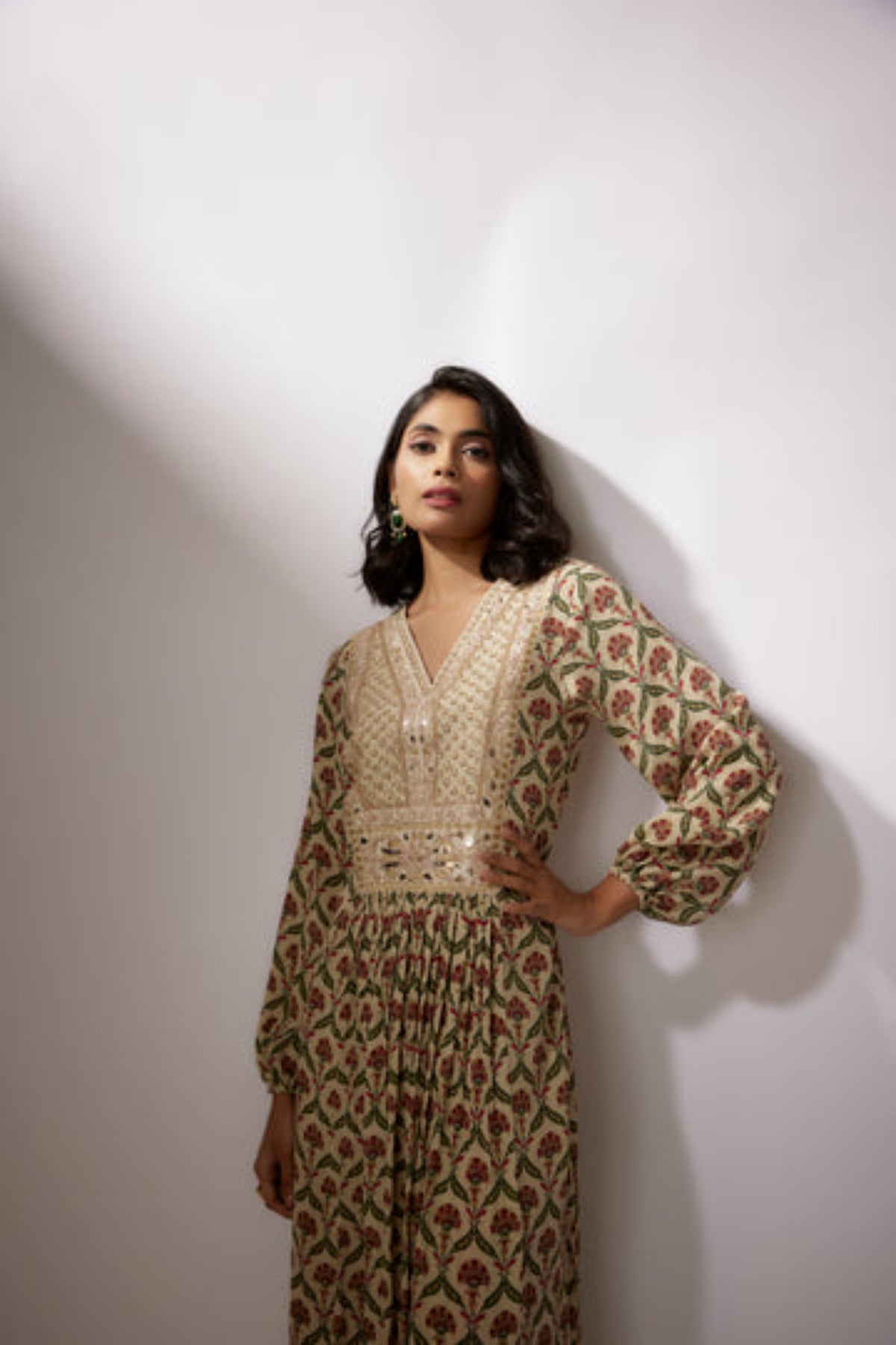 Beige Printed Crepe Kurta Set