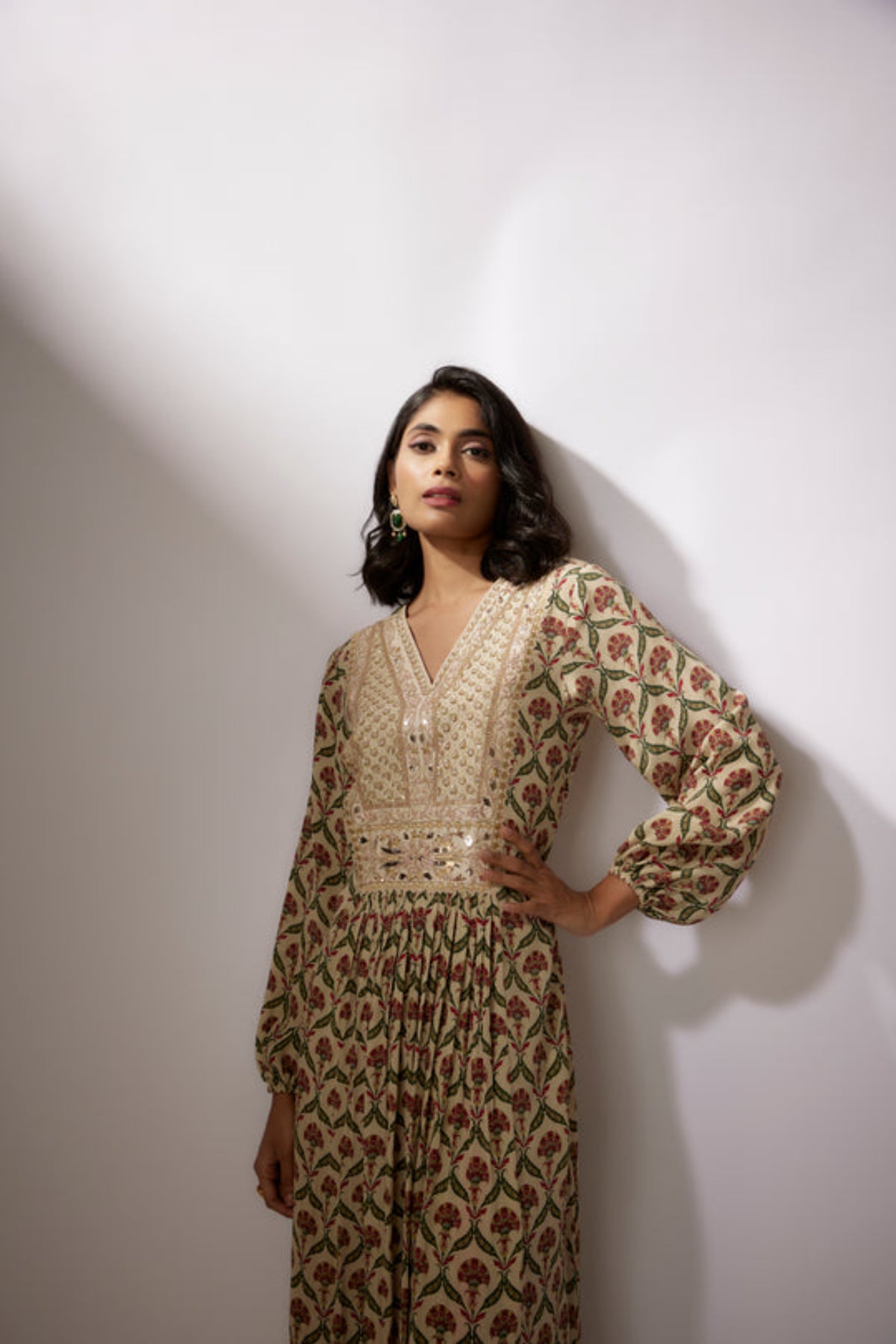 Beige Printed Crepe Kurta With Pants