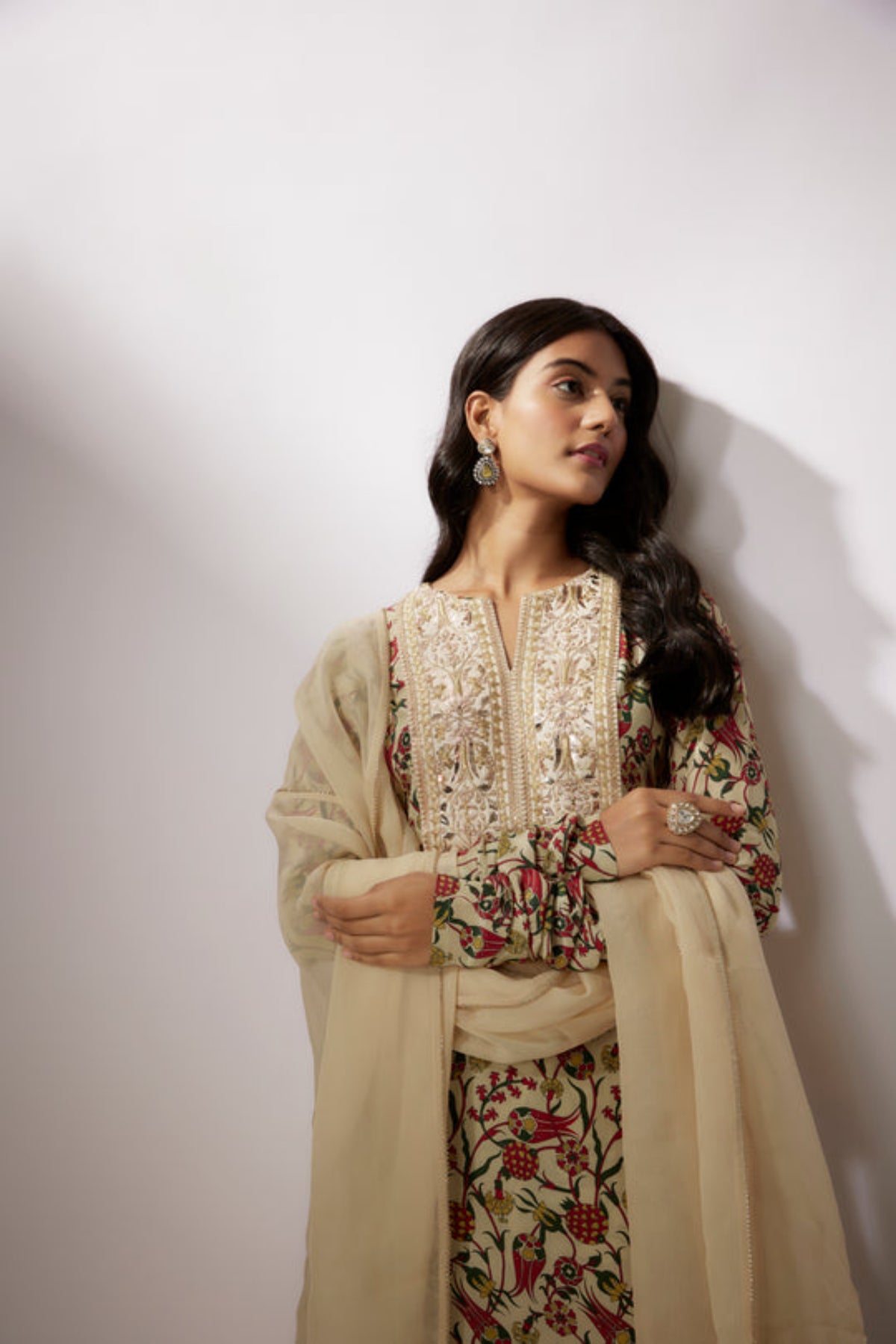 Beige Printed Crepe Kurta Set