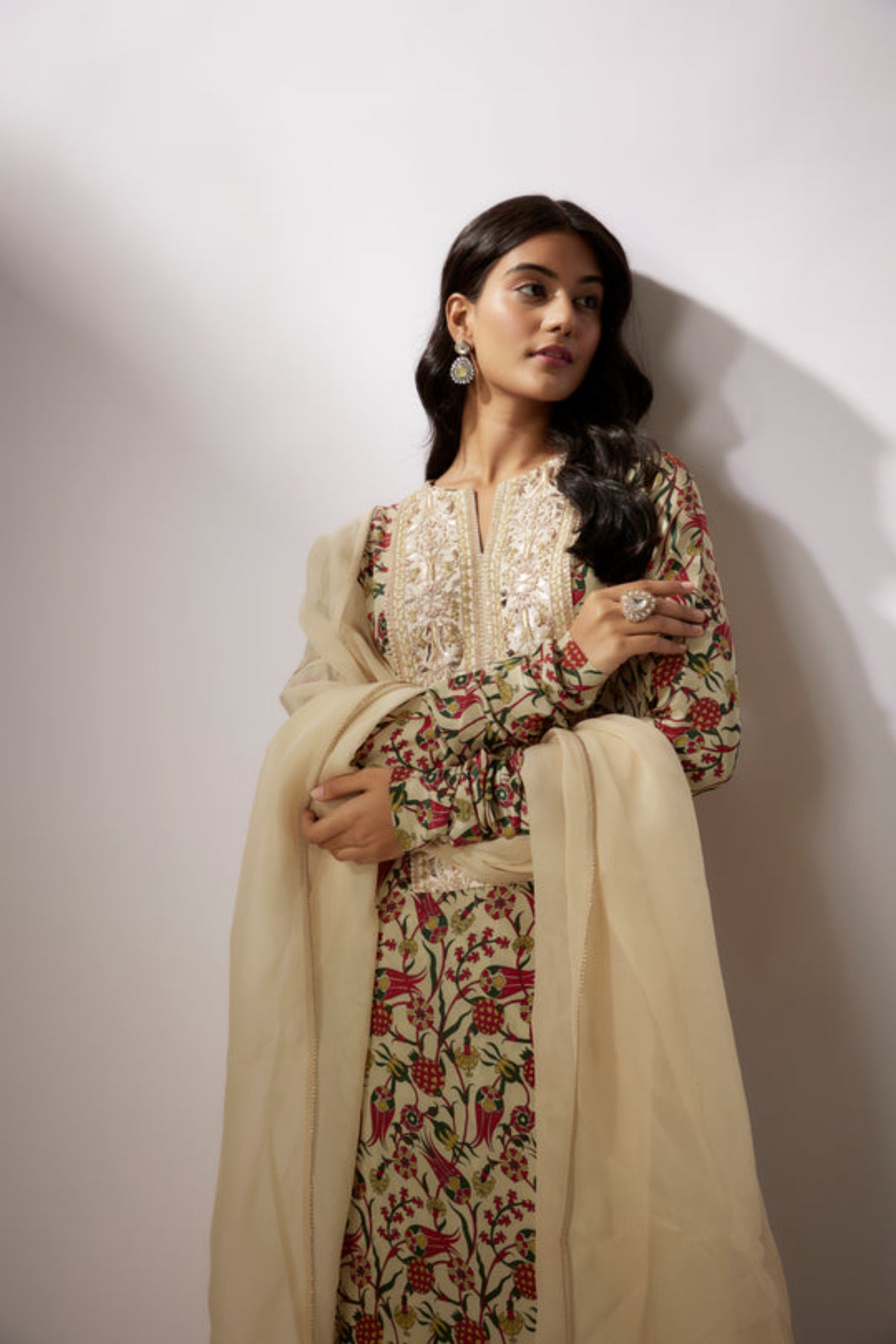 Beige Printed Crepe Kurta Set