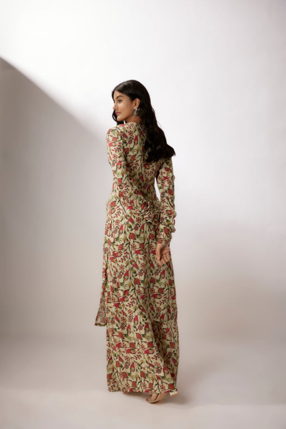 Beige Printed Crepe Kurta Set