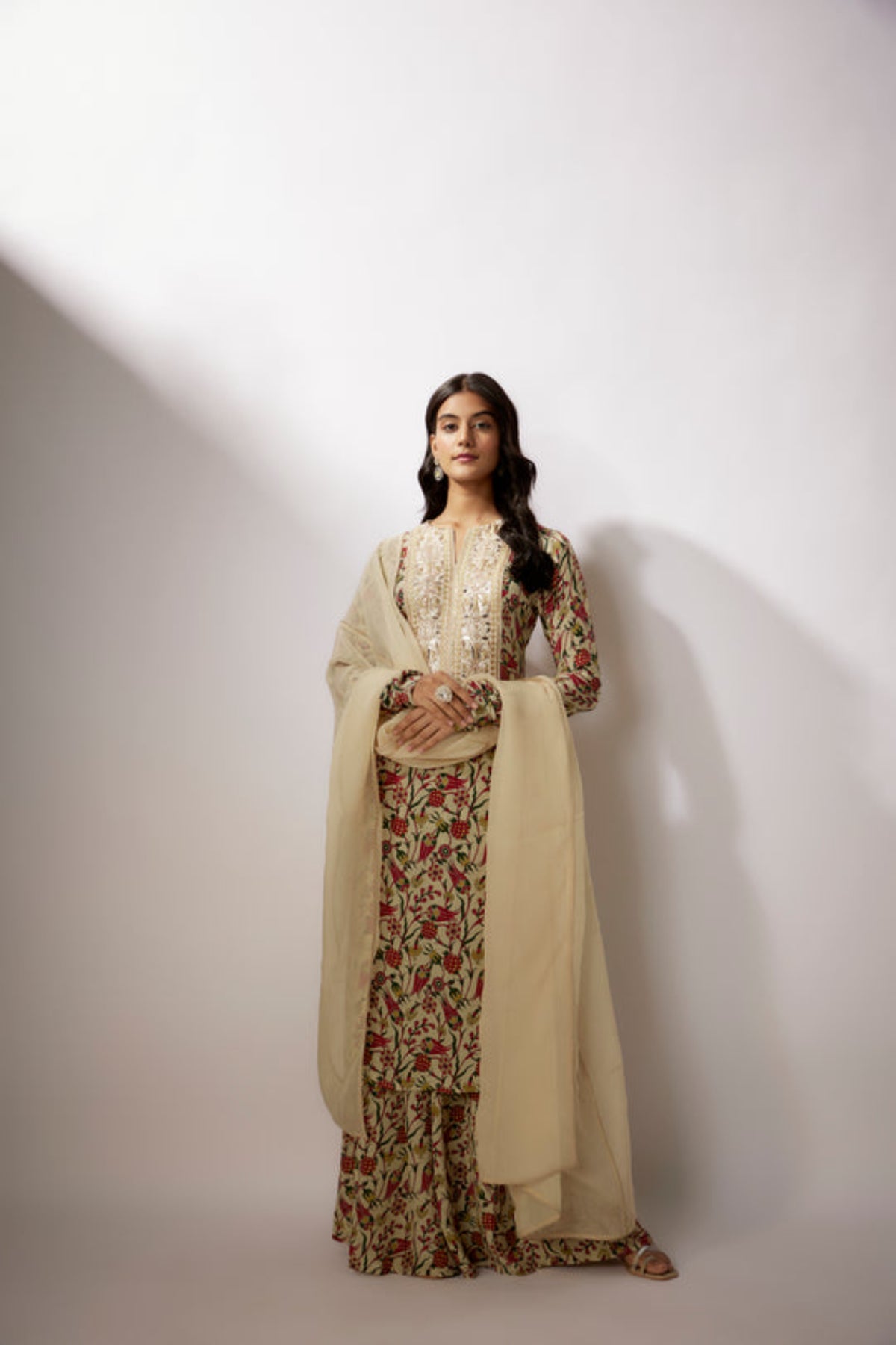 Beige Printed Crepe Kurta Set