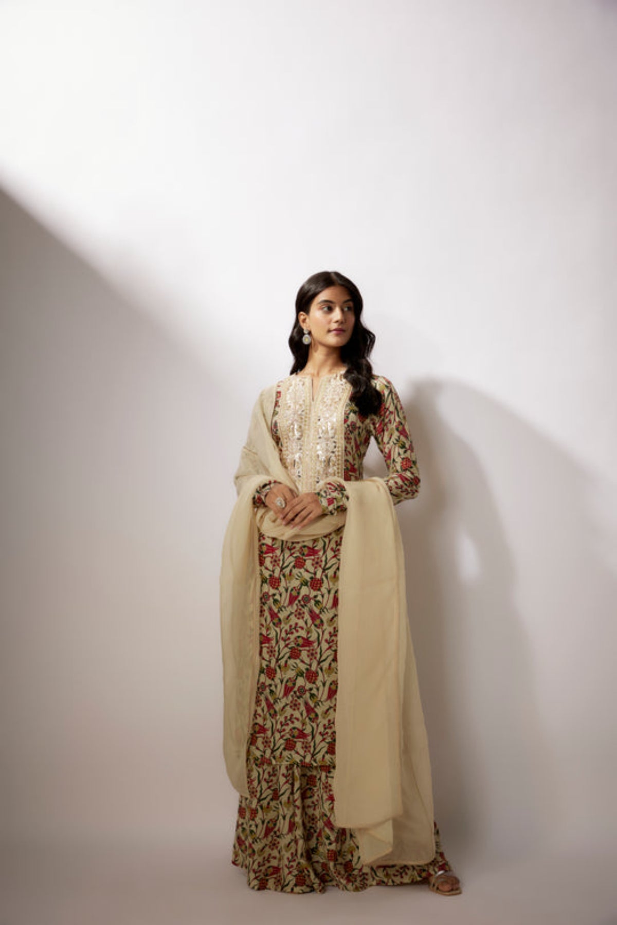 Beige Printed Crepe Kurta Set