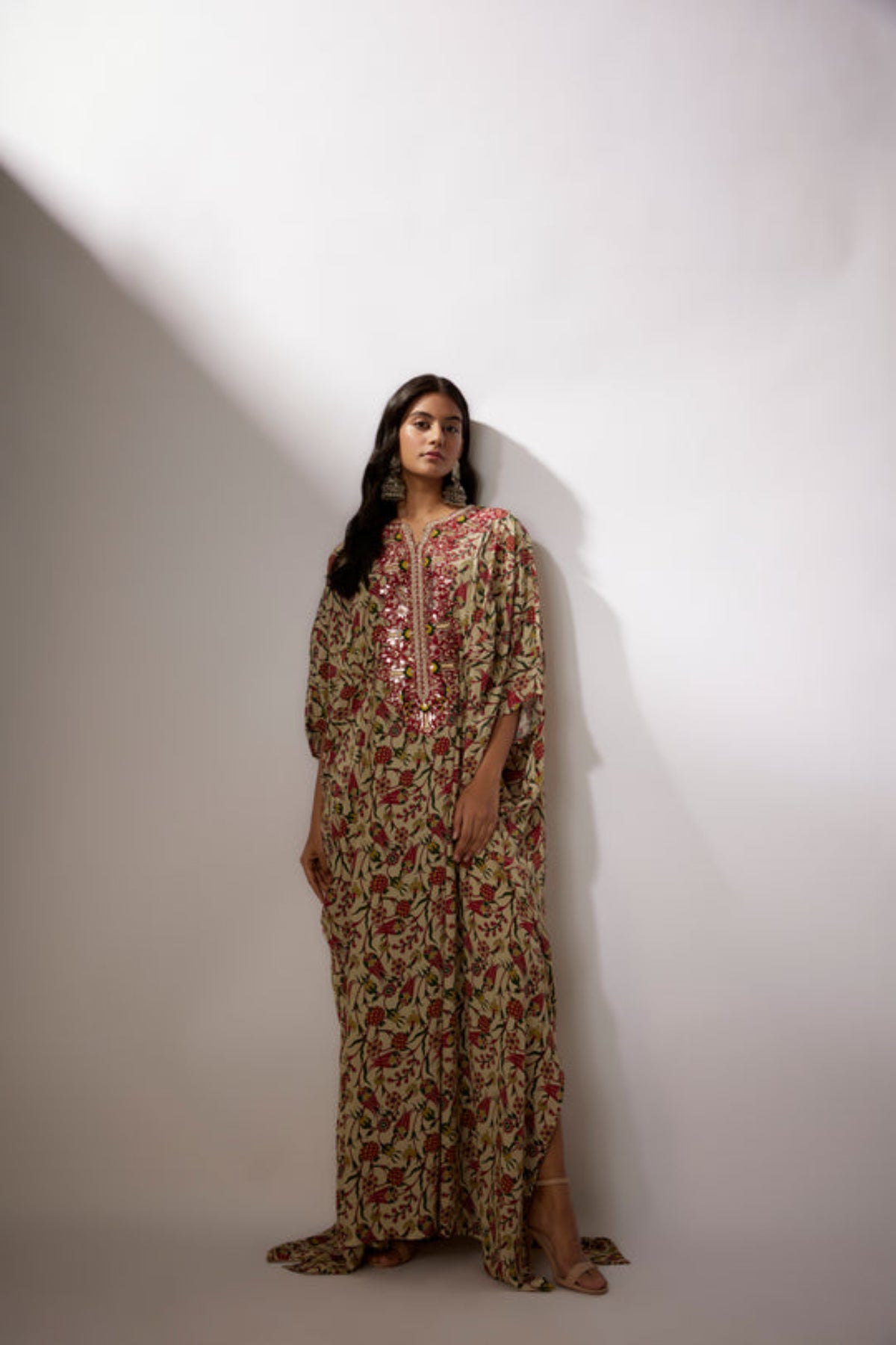 Beige Printed Crepe Kaftan