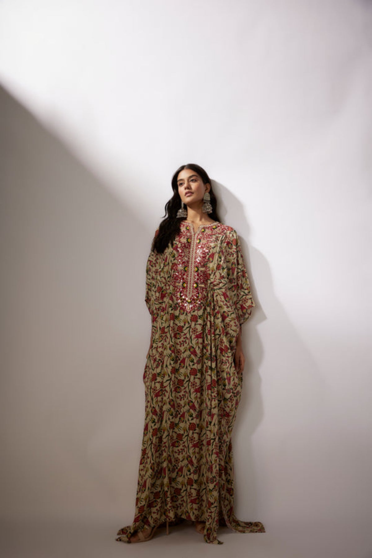 Beige Printed Crepe Kaftan