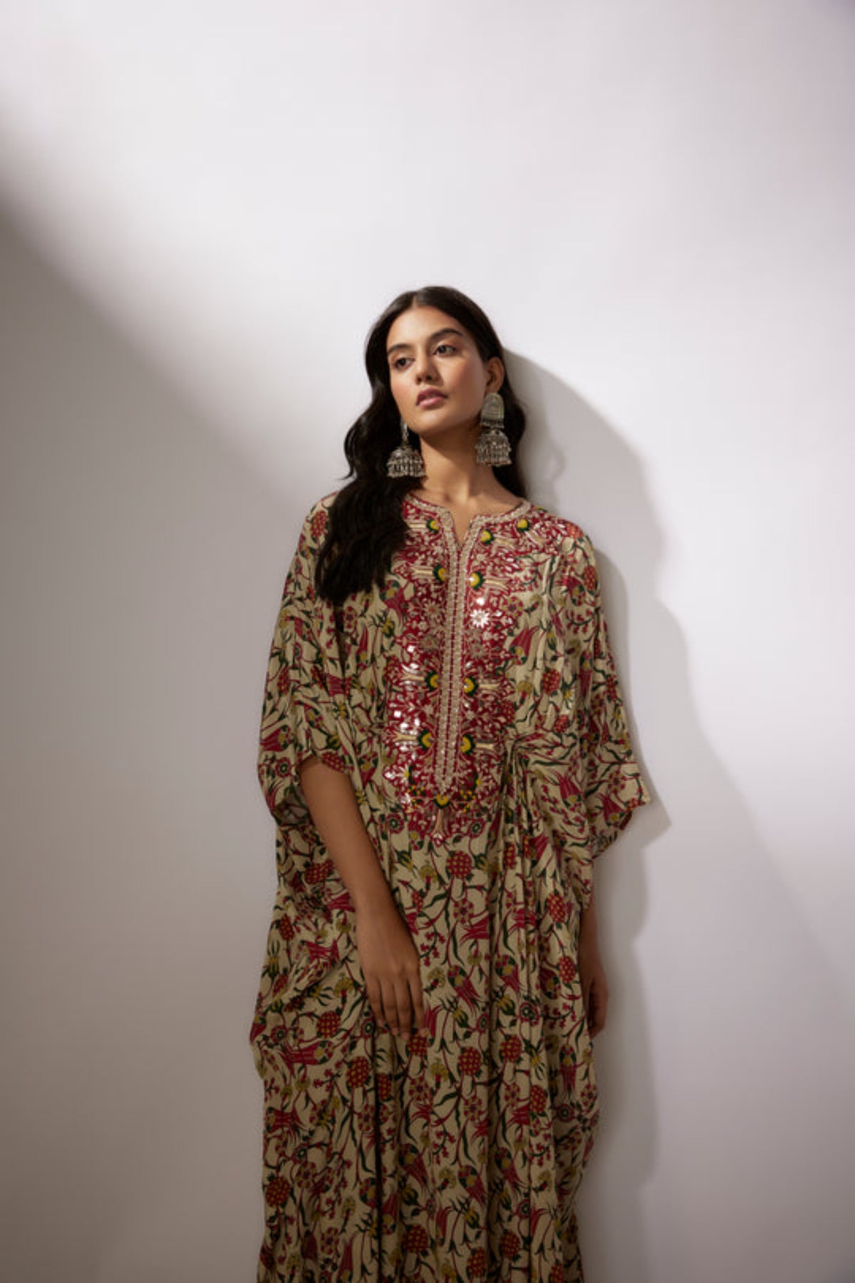 Beige Printed Crepe Kaftan