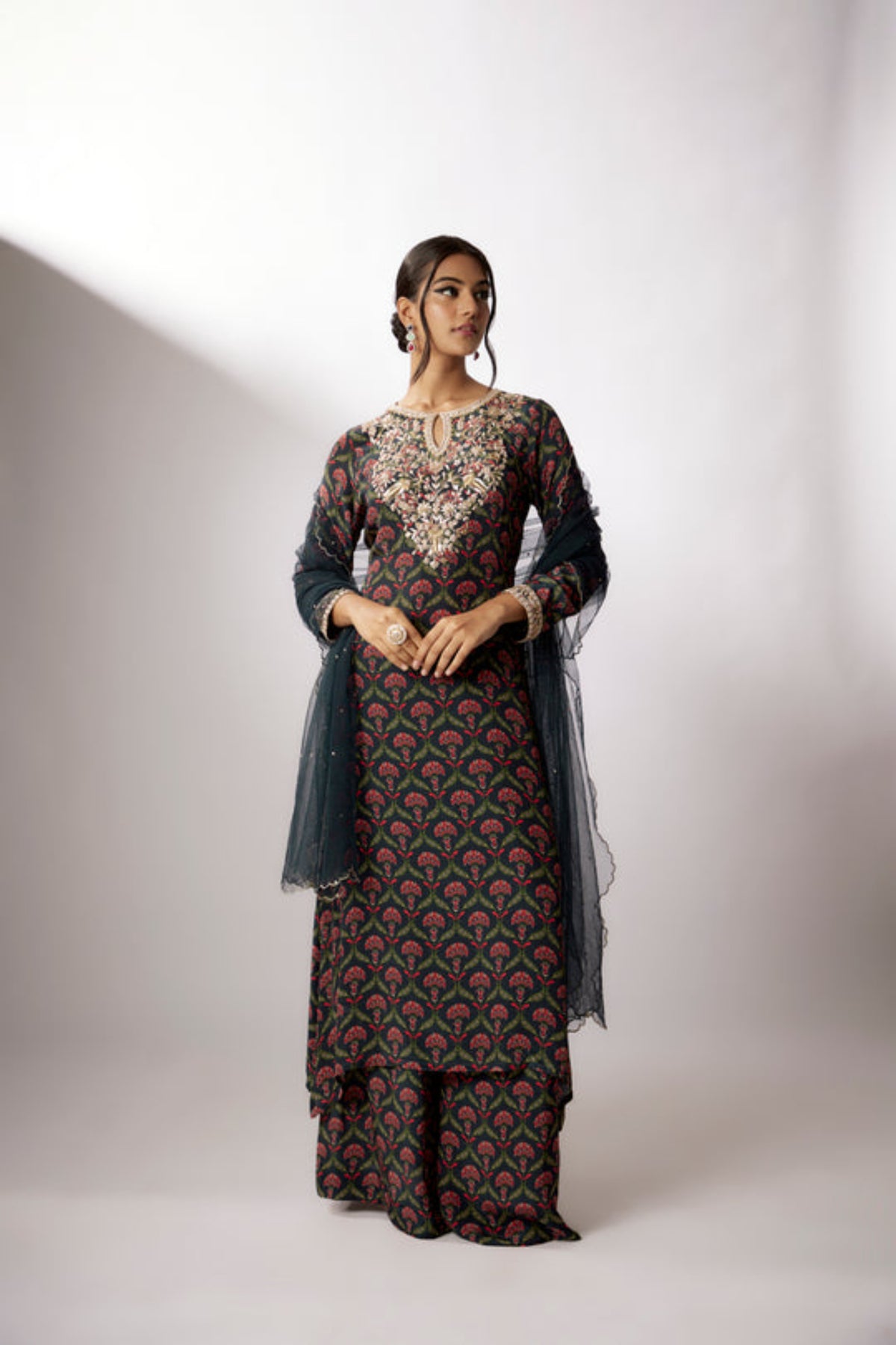 Navy Blue Crepe Printed Kurta Set