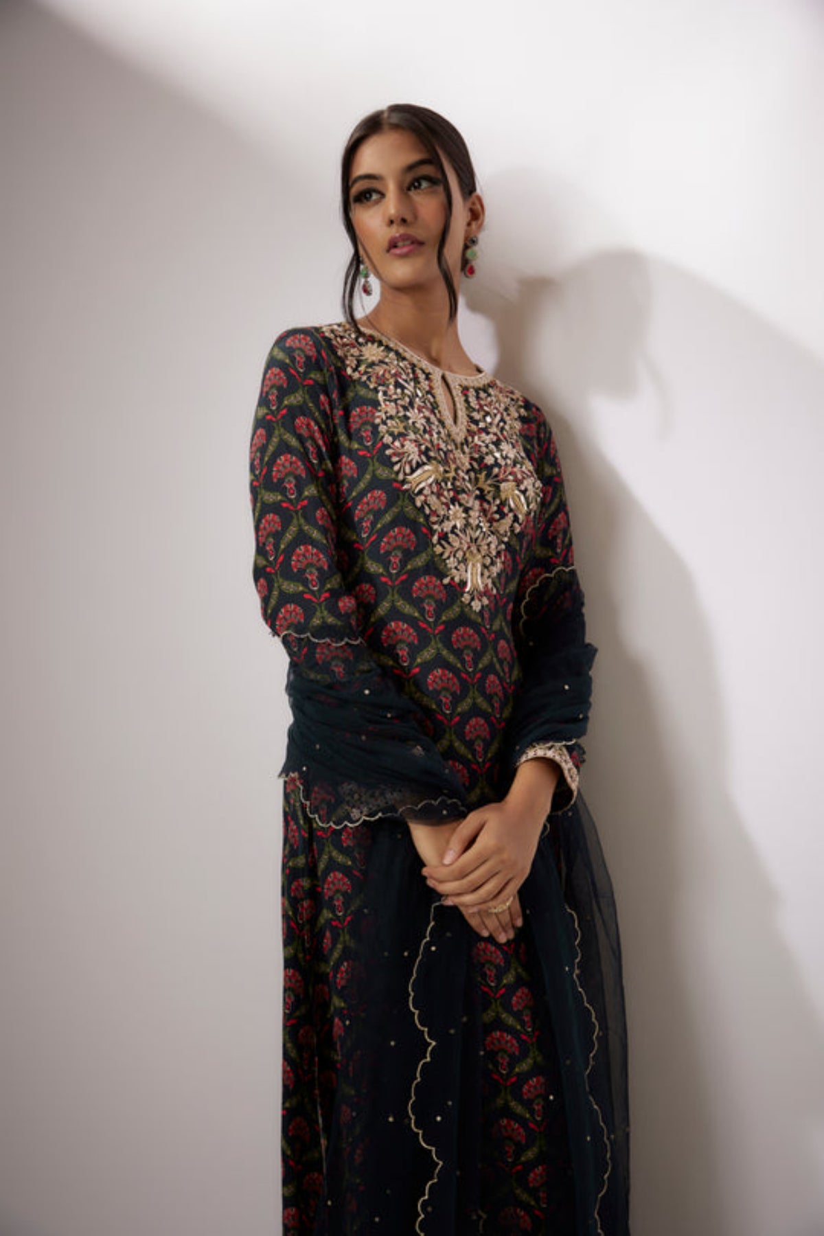 Navy Blue Crepe Printed Kurta Set