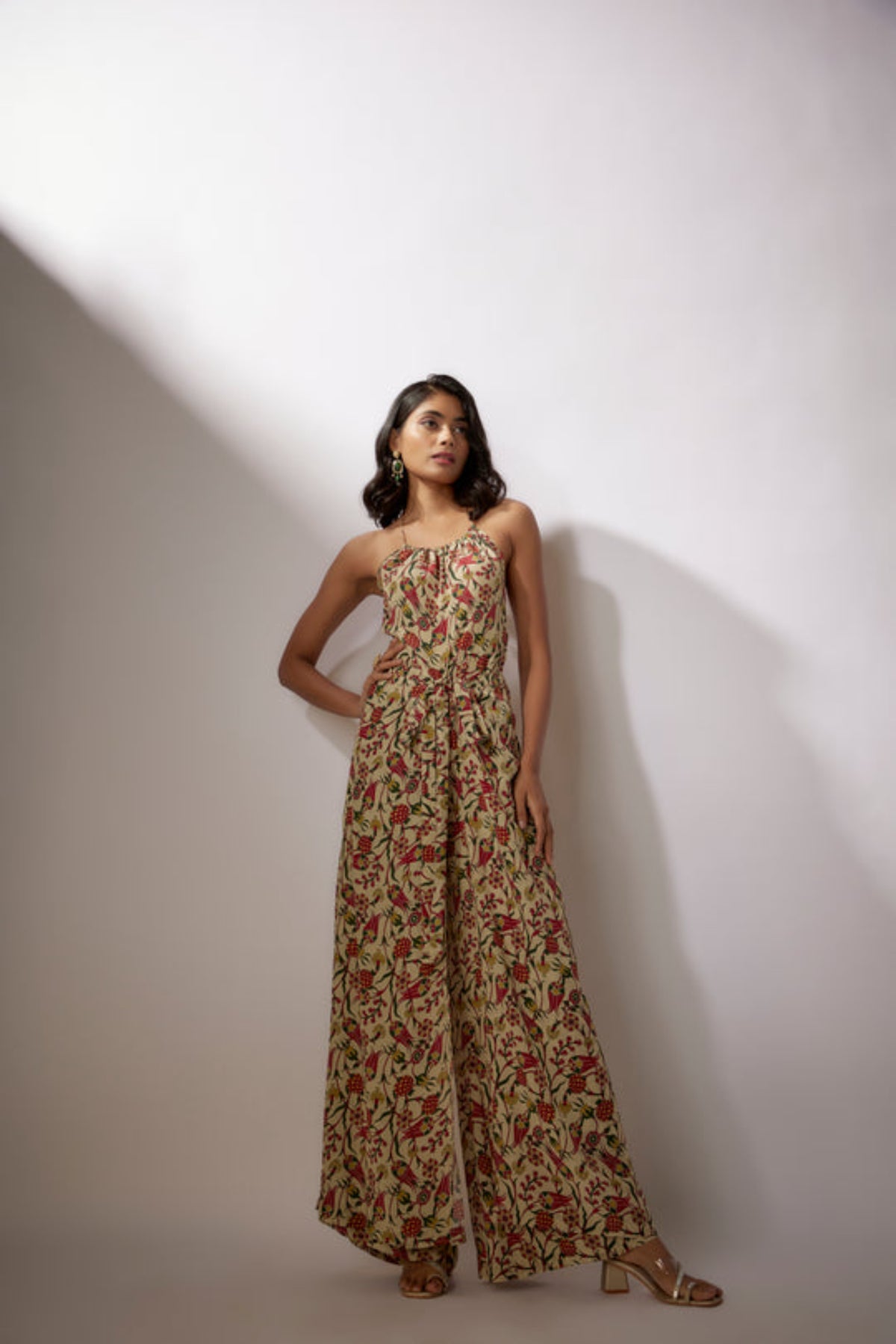 Beige Printed Crepe Jumpsuit
