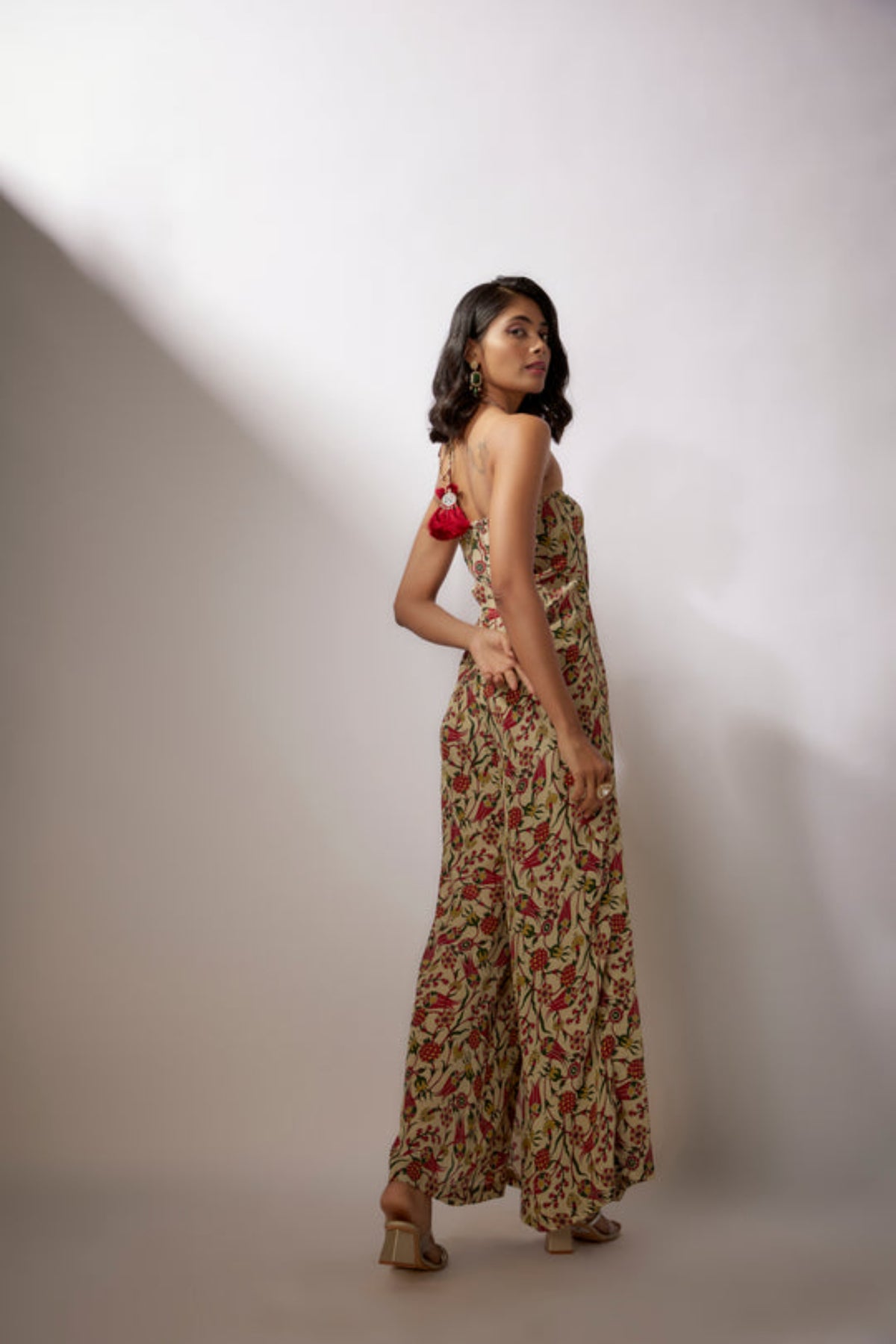 Beige Printed Crepe Jumpsuit
