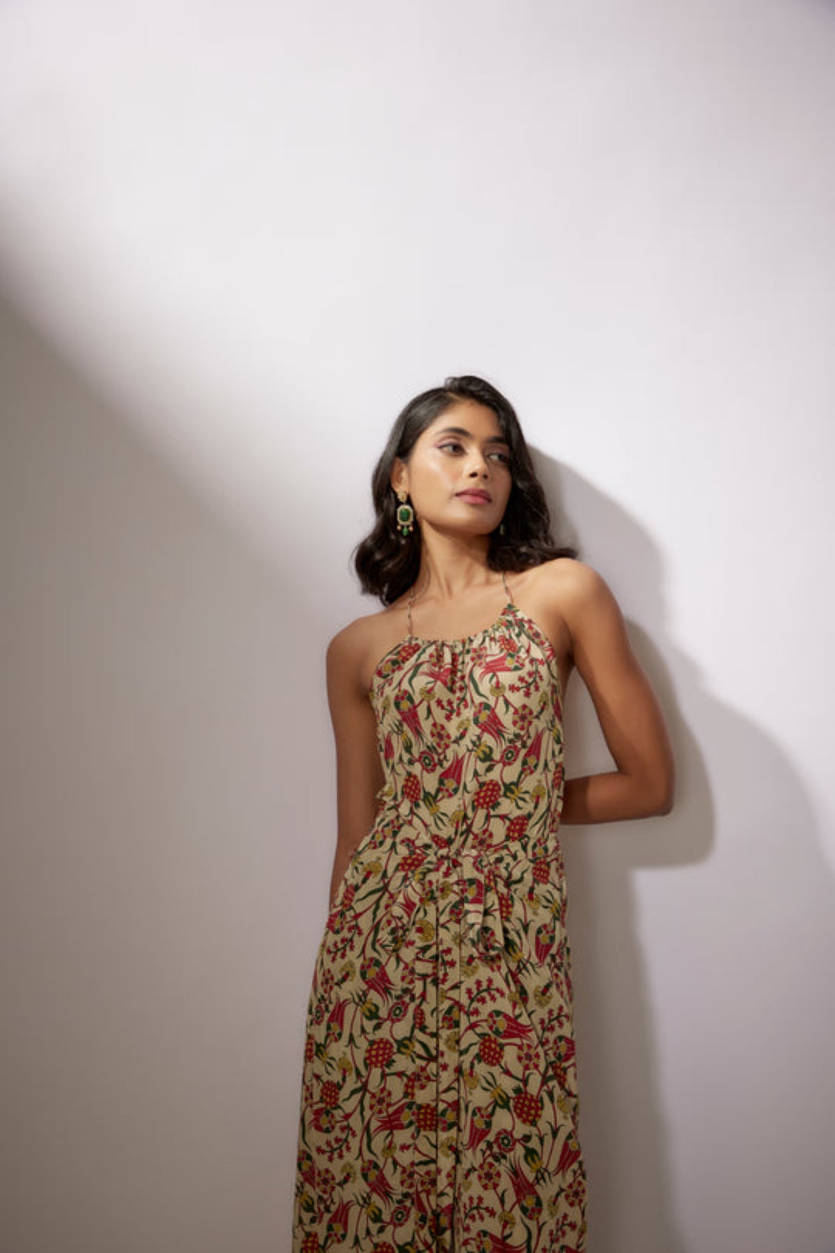 Beige Printed Crepe Jumpsuit