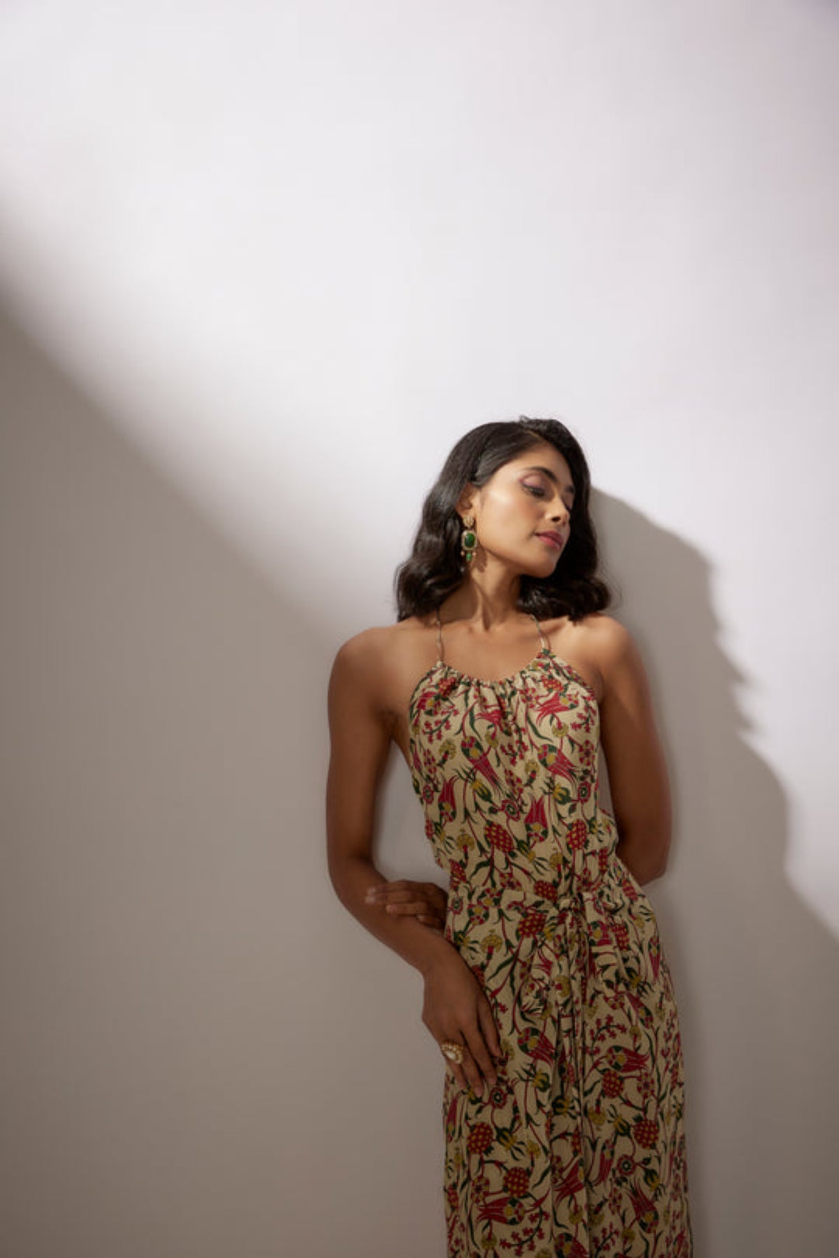 Beige Printed Crepe Jumpsuit