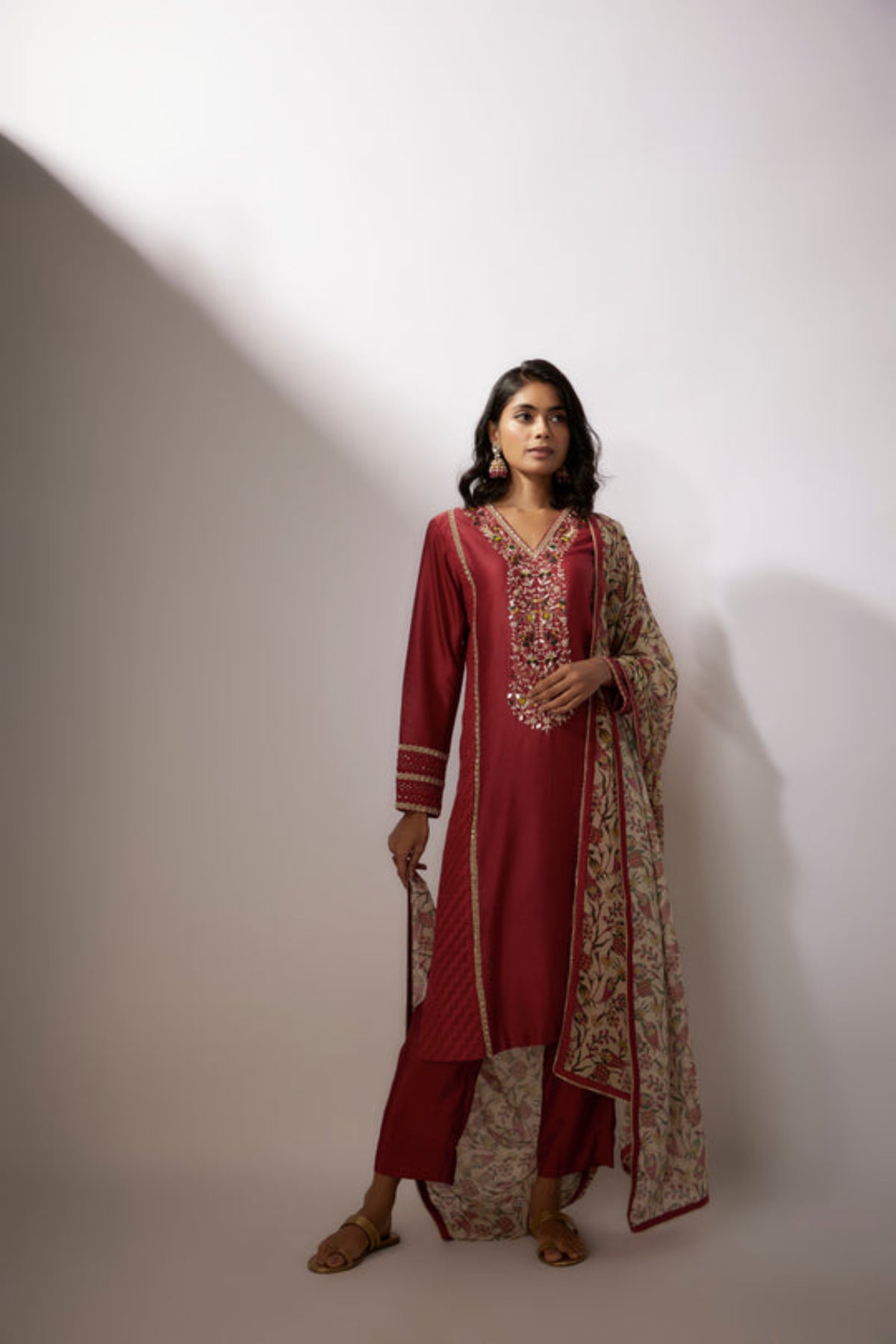 Maroon Embroidered Stright Kurta Set
