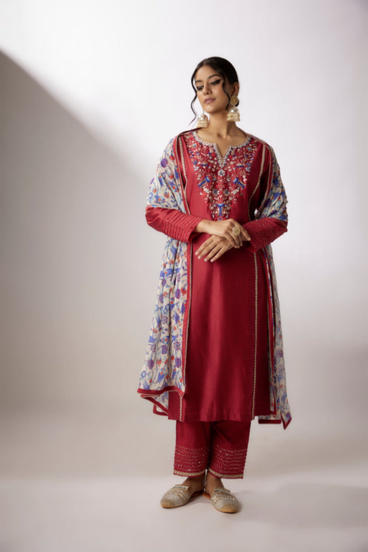 Embroidered Kurta Set in Maroon