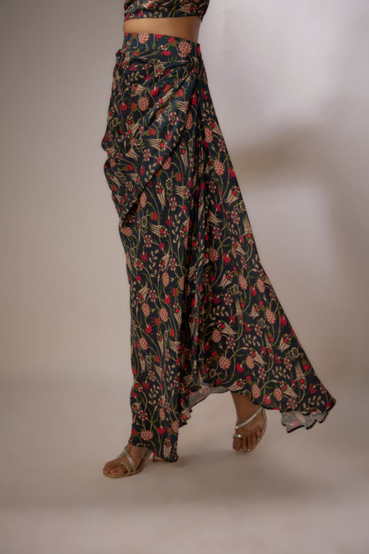 Navy Blue Printed Embroidery Cape Set