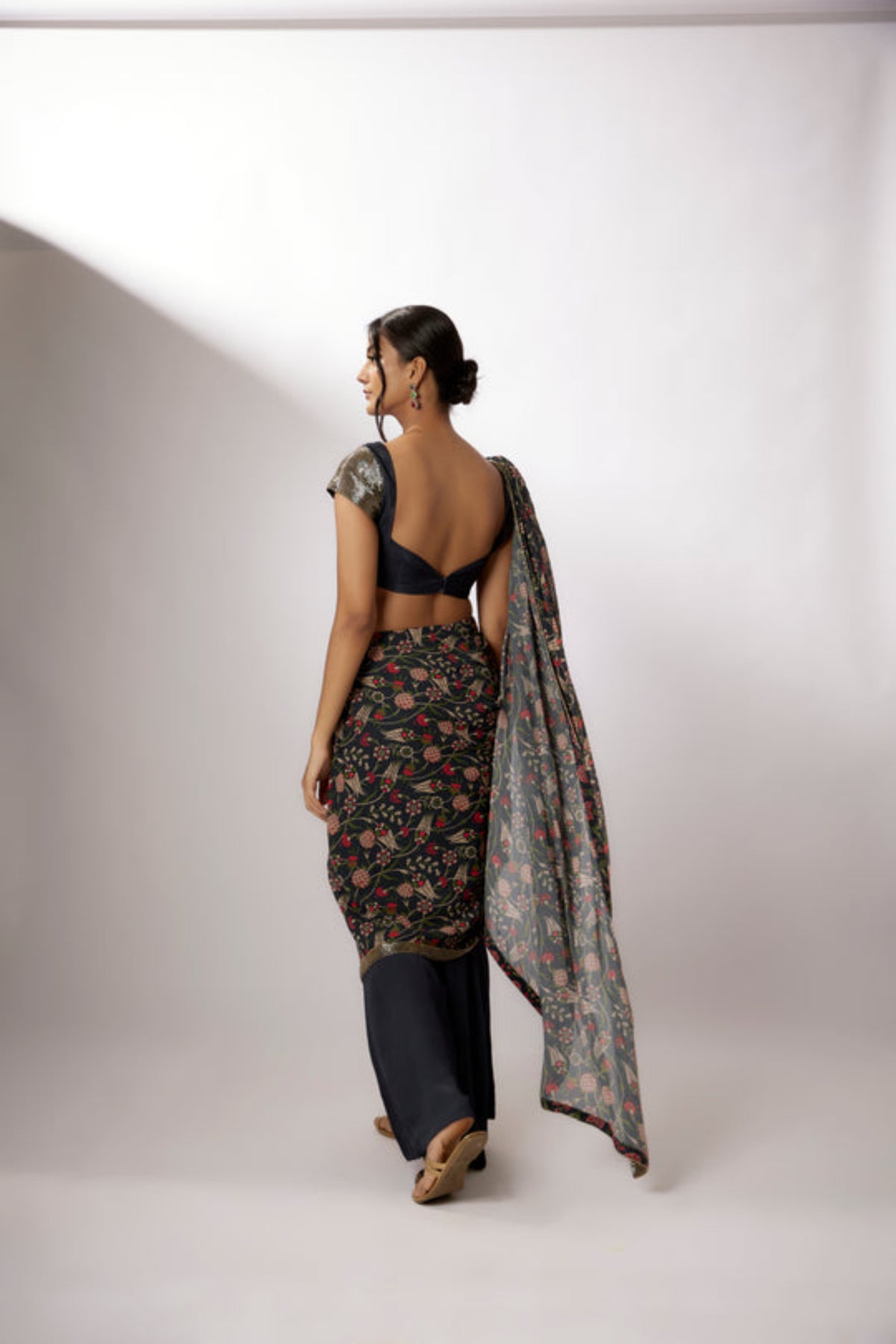 Navy Blue Printed Pre-stitched Saree Set