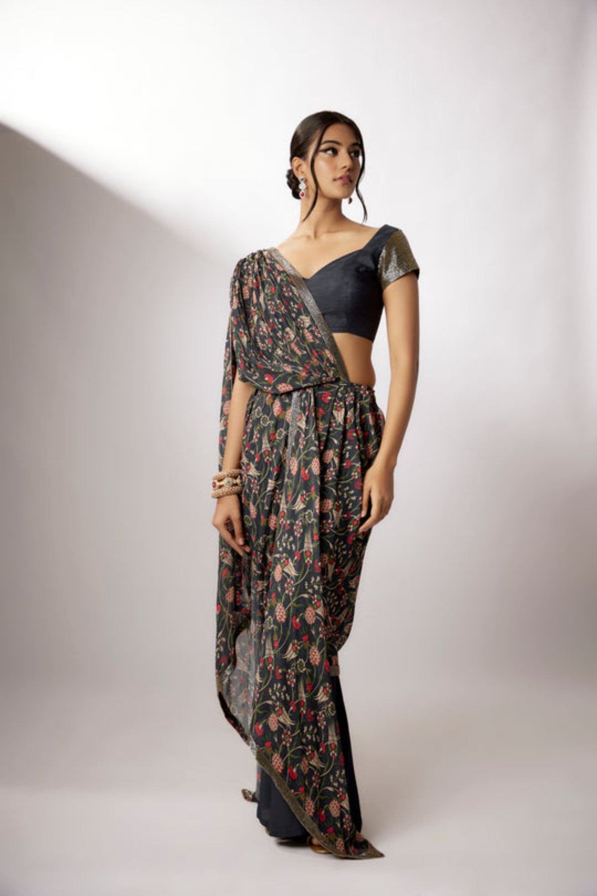 Navy Blue Printed Pre-stitched Saree Set