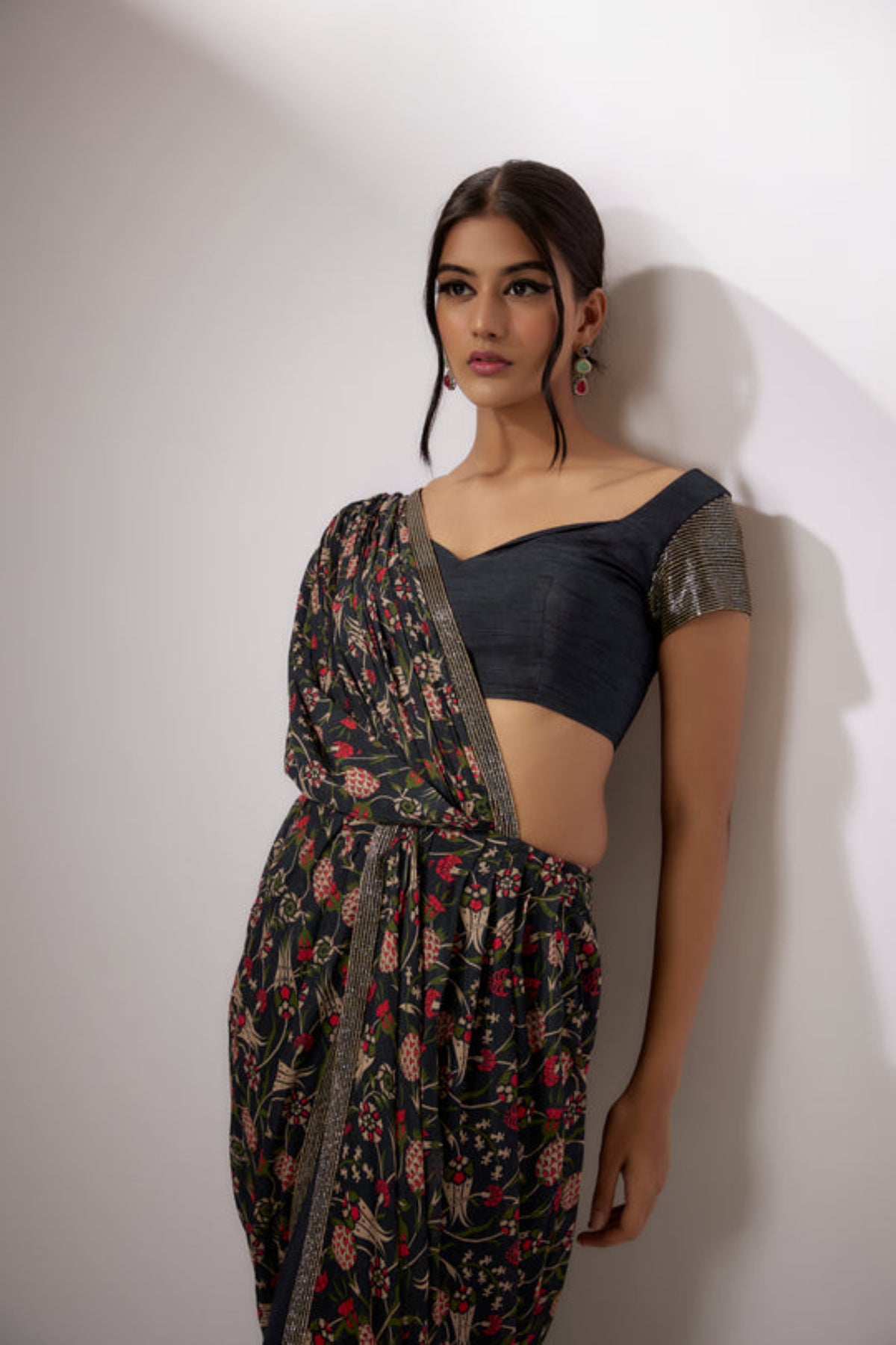 Navy Blue Printed Pre-stitched Saree Set
