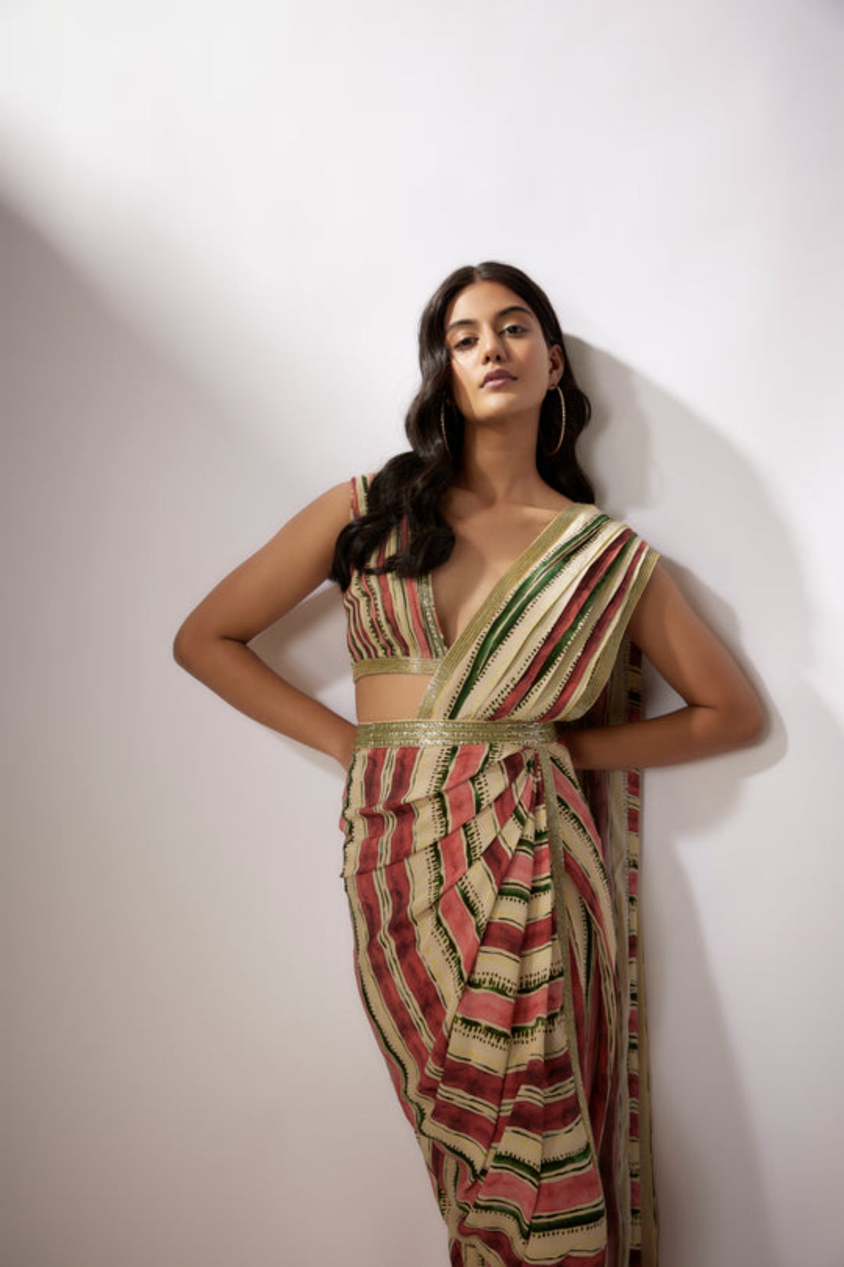 Beige Printed Saree Set
