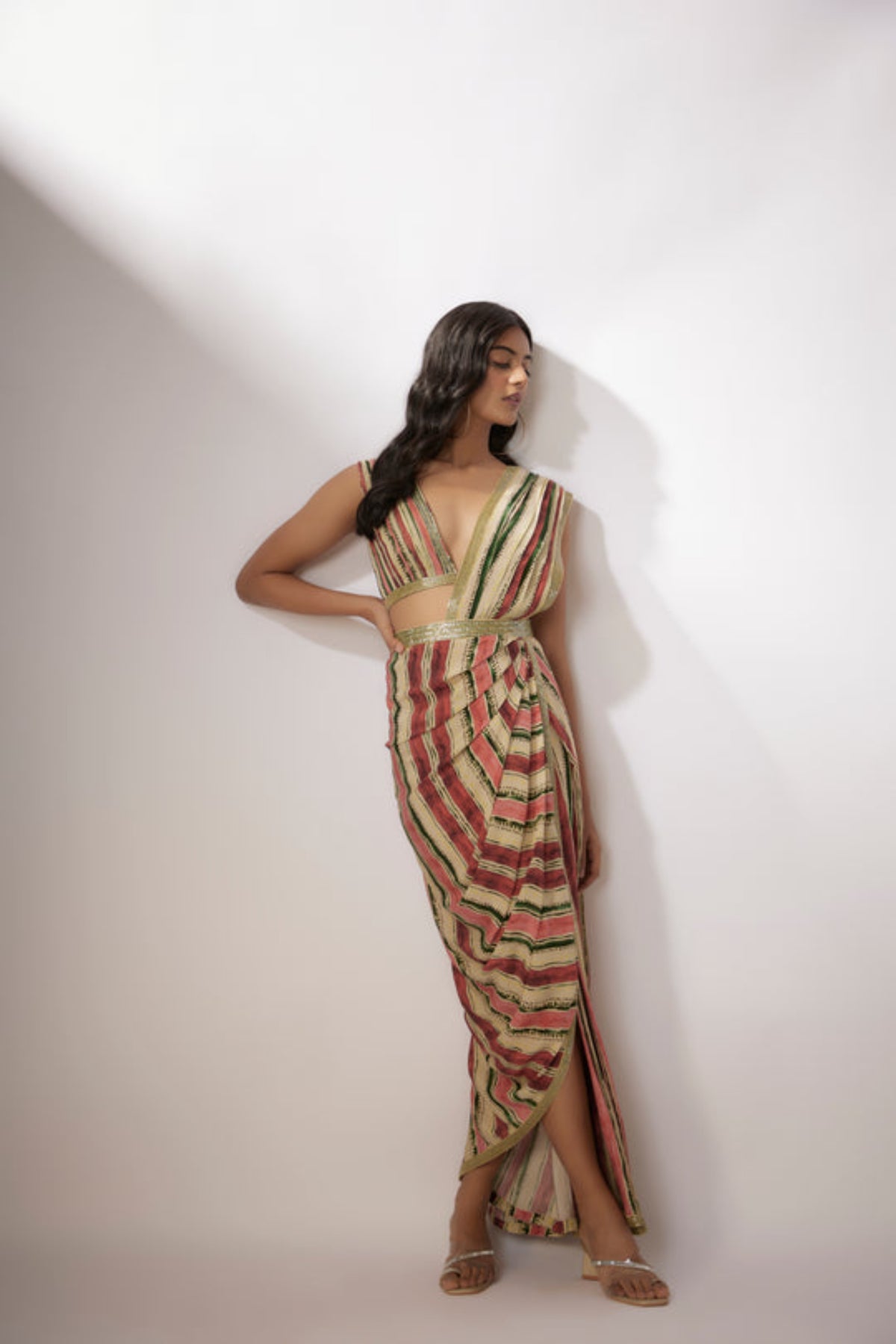 Beige Printed Saree Set