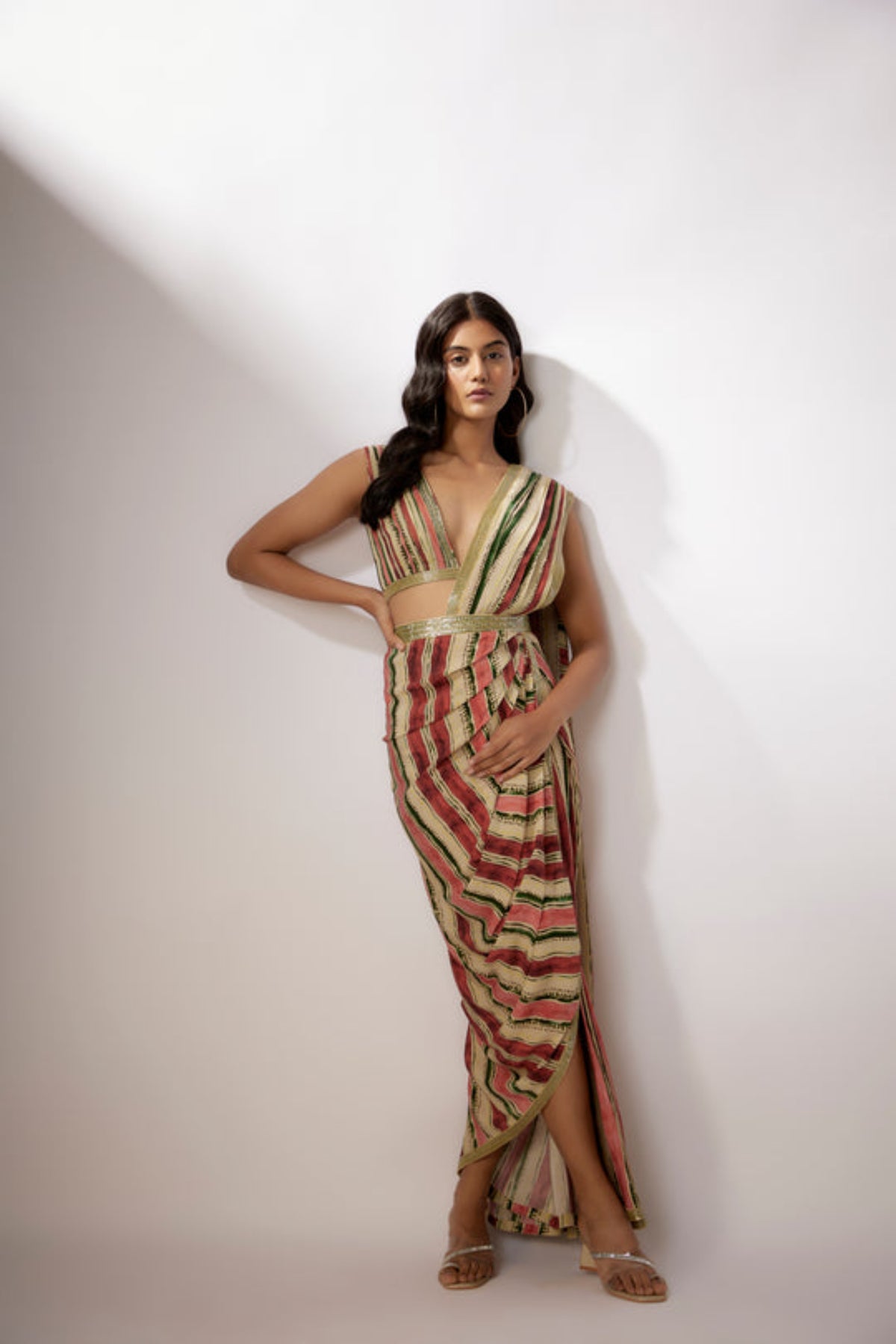 Beige Printed Saree Set