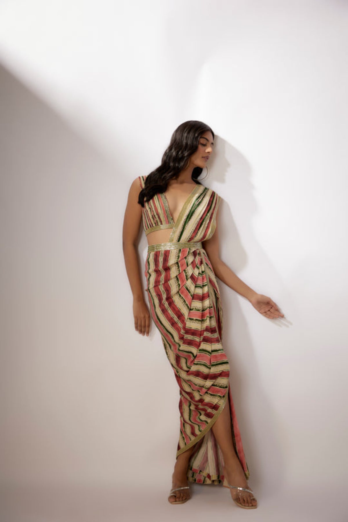 Beige Printed Saree Set