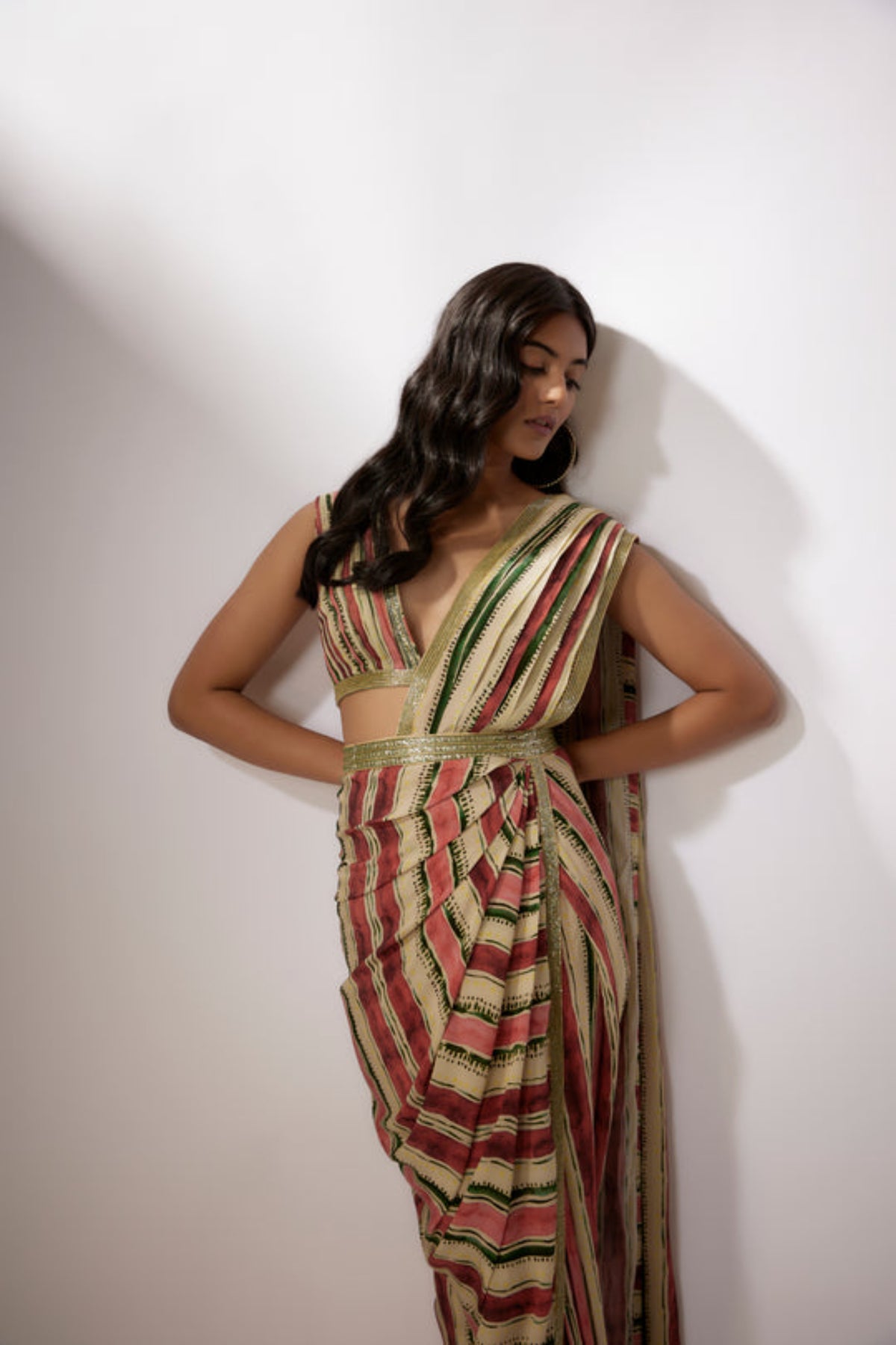 Beige Printed Saree Set