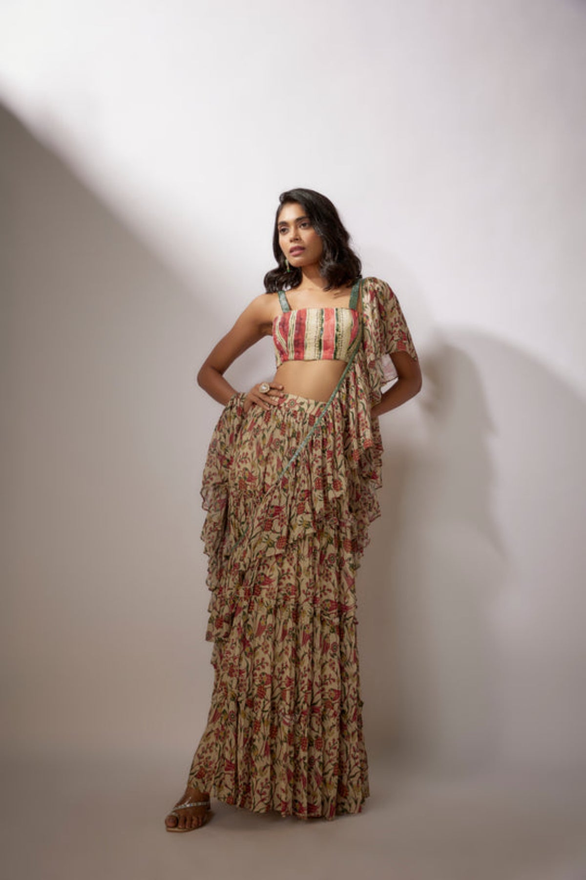 Beige Printed Drape Saree Set