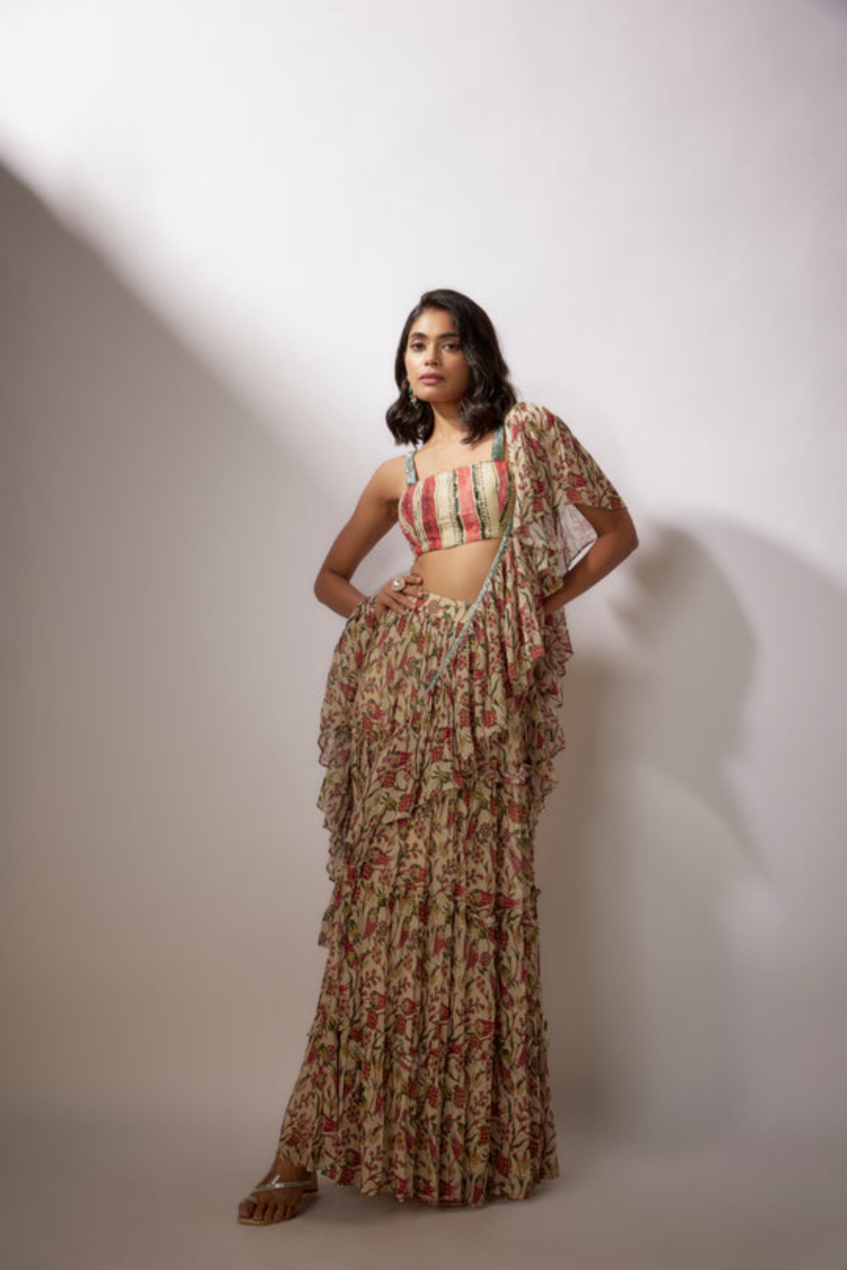 Beige Printed Drape Saree Set