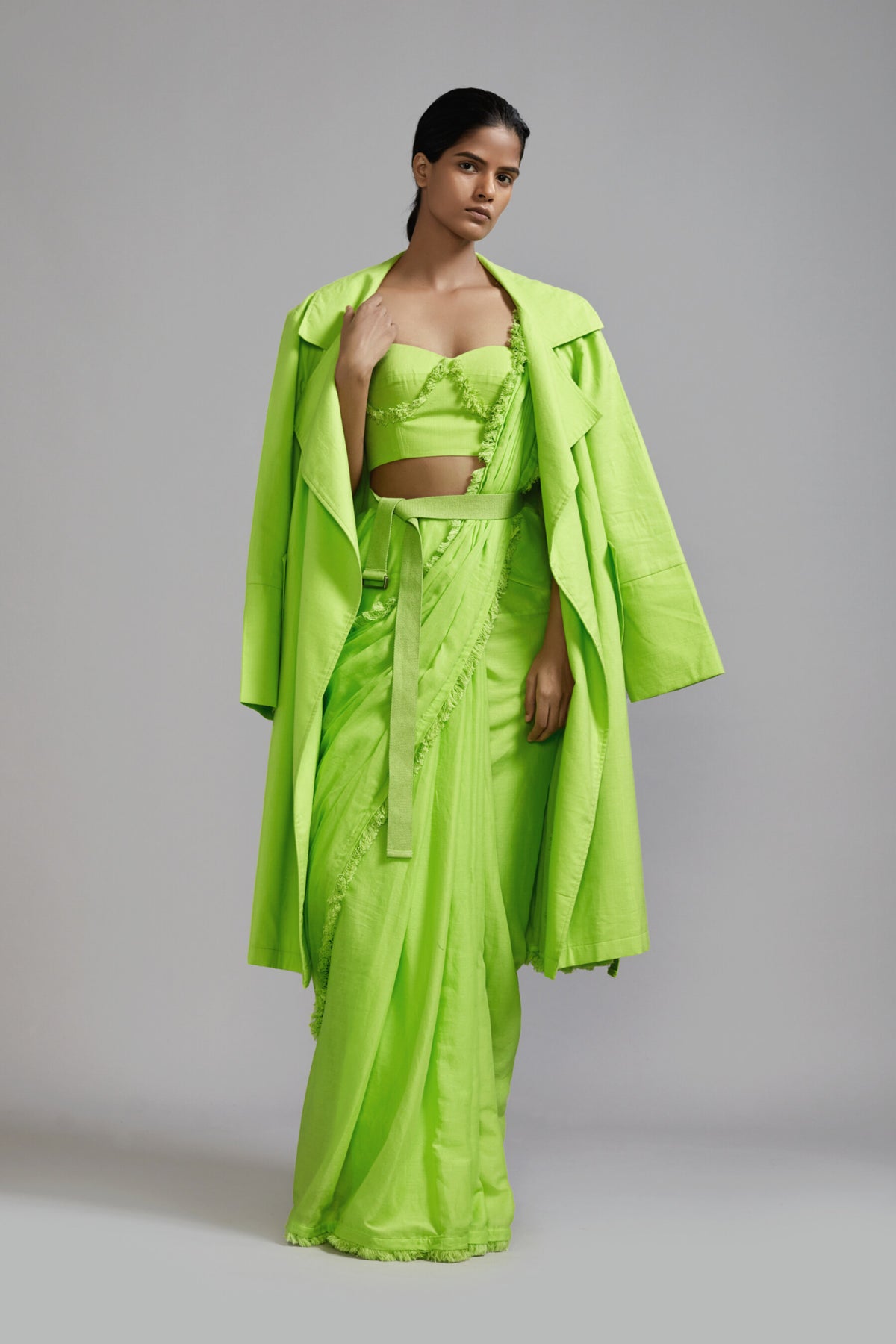 Neon Green Fringed Saree corset jacket Set