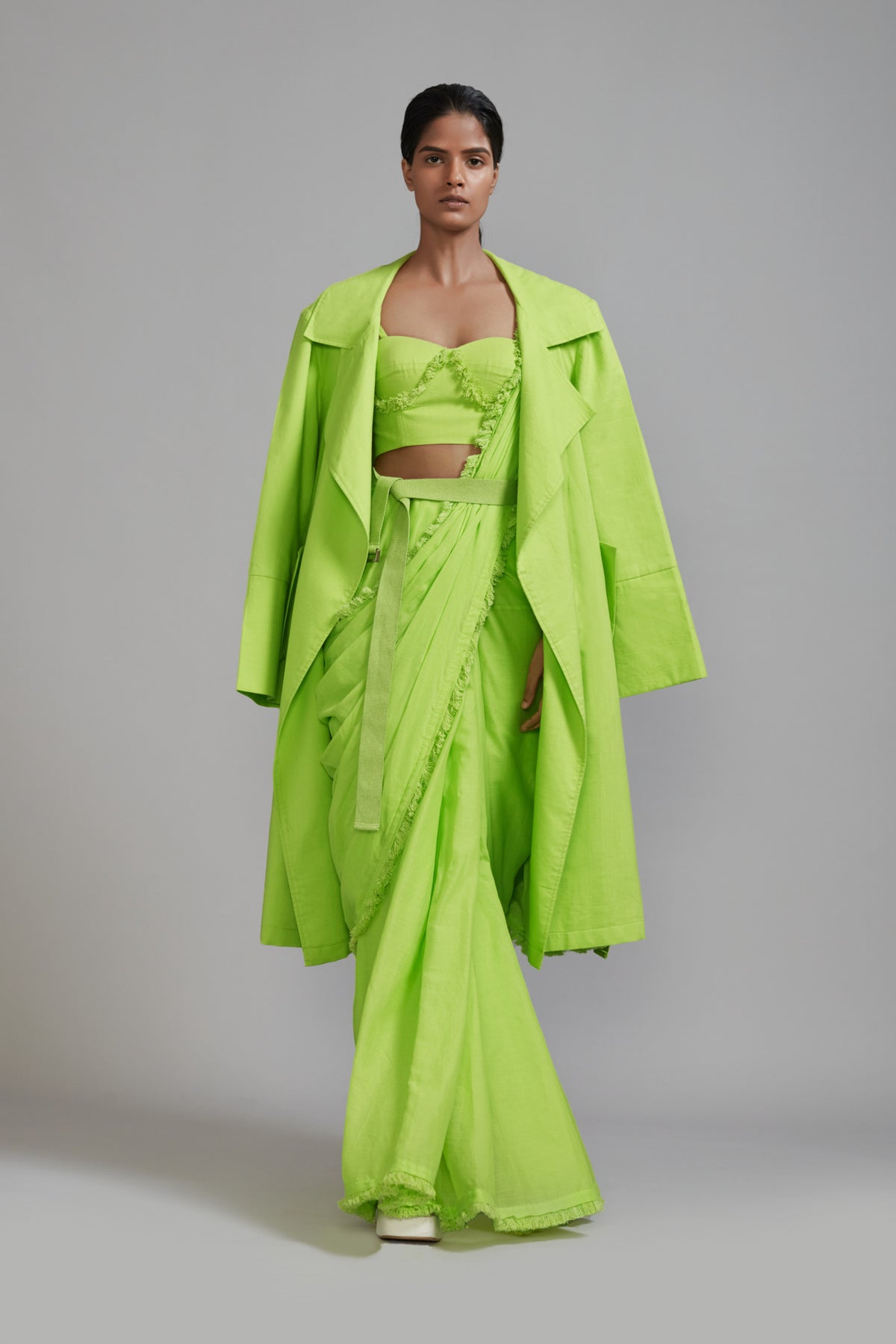 Neon Green Fringed Saree corset jacket Set