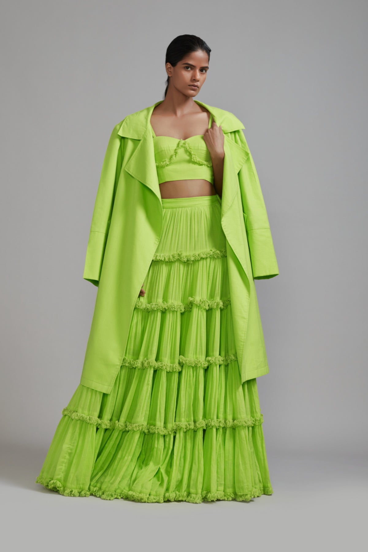 Neon Green Tiered Lehenga Jacket Set