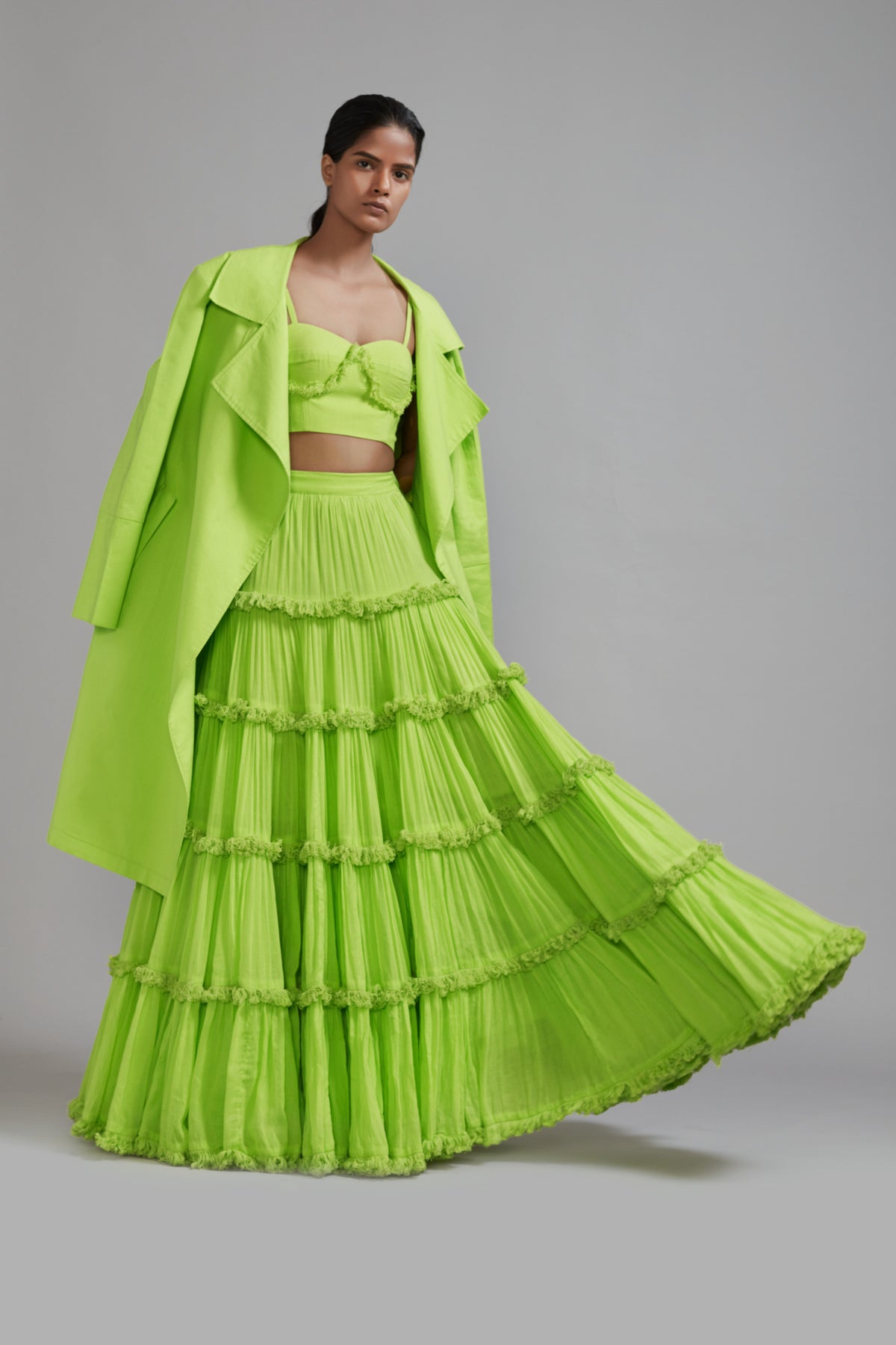 Neon Green Tiered Lehenga Jacket Set