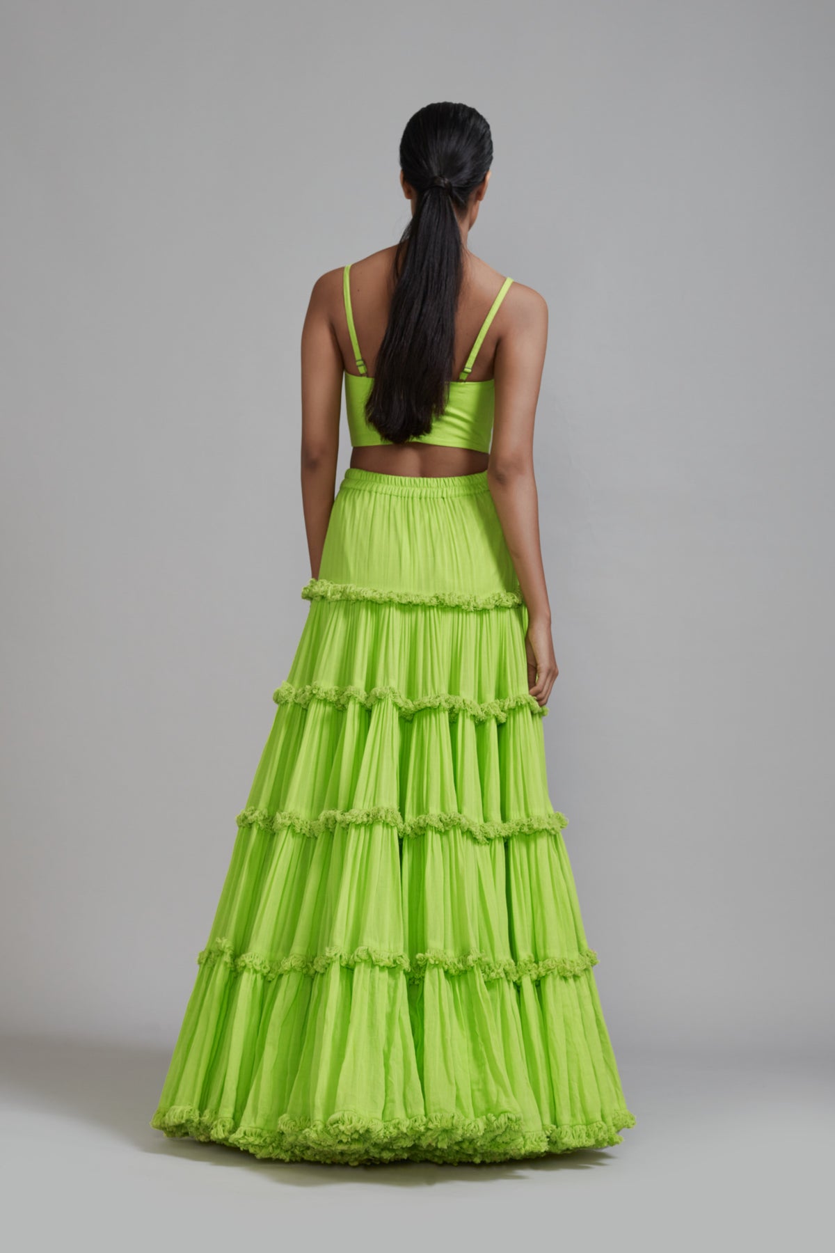 Neon Green Tiered Lehenga Jacket Set