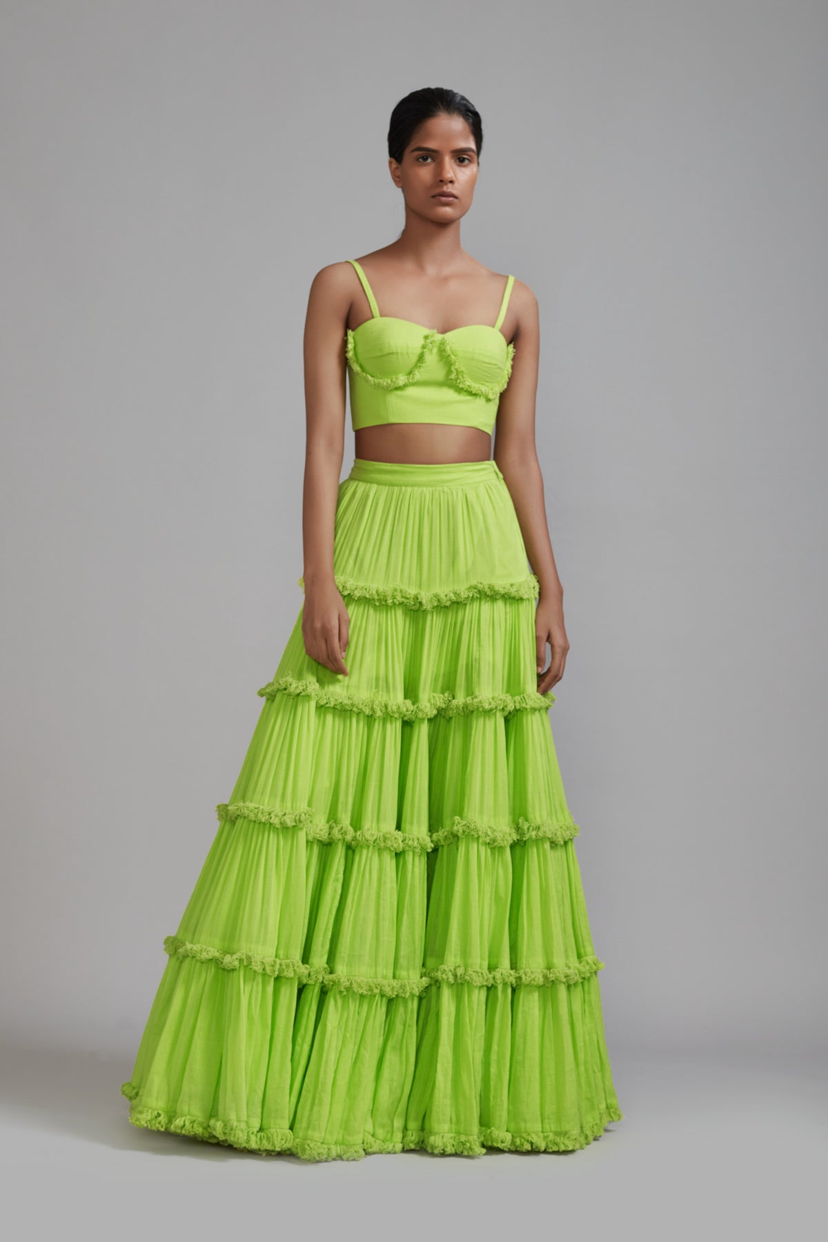 Neon Green Fringed Tiered Lehenga