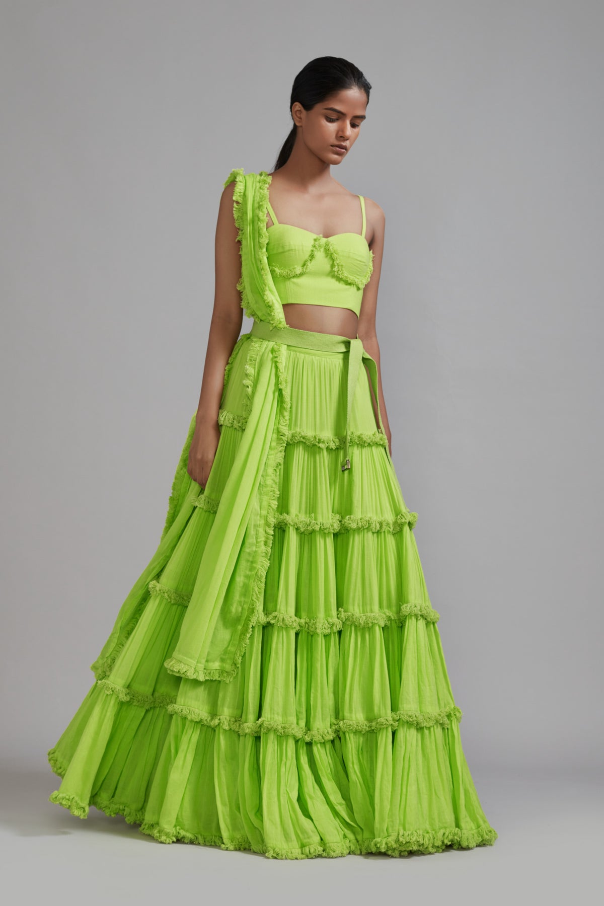 Neon Green Fringed Tiered Lehenga