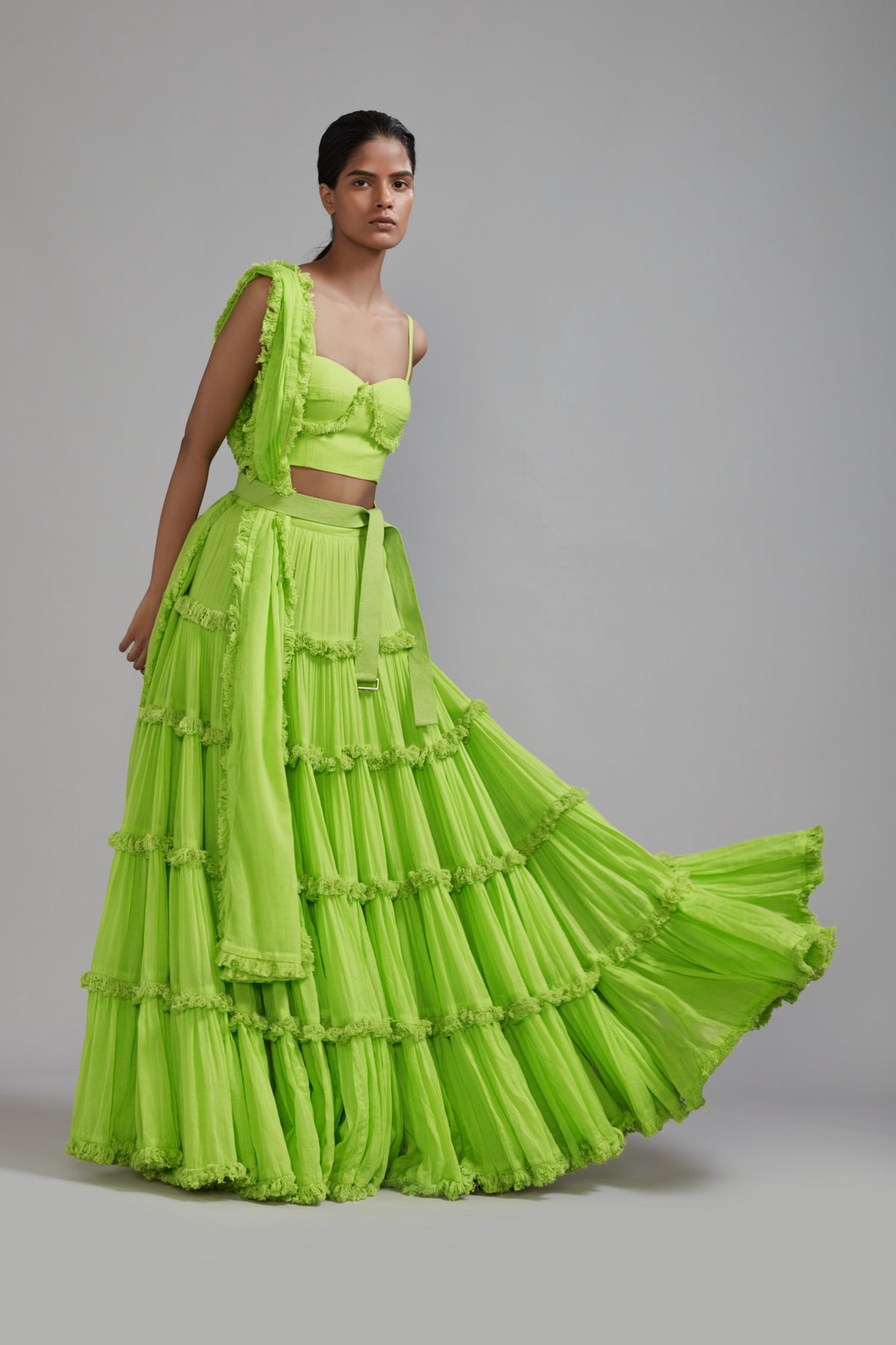 Neon Green Fringed Tiered Lehenga