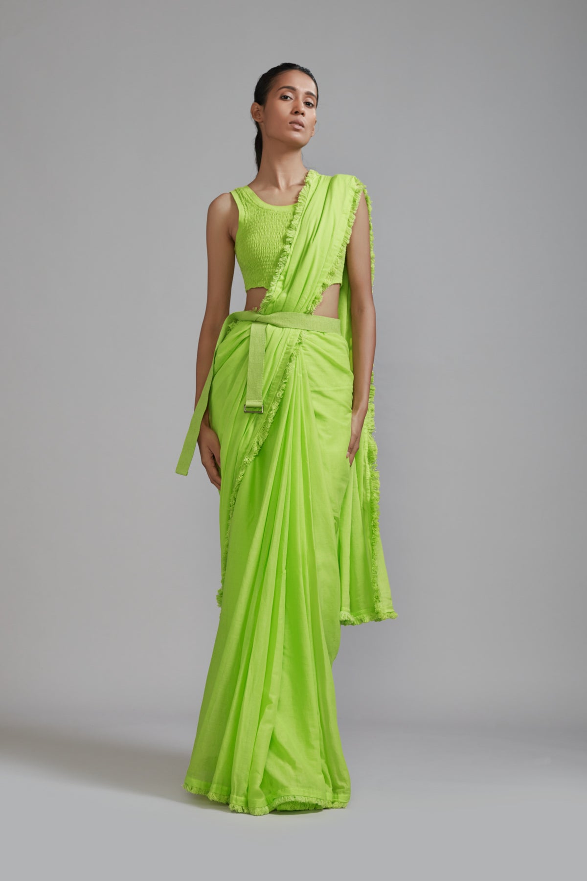 Neon Green Saree And Jacket Set