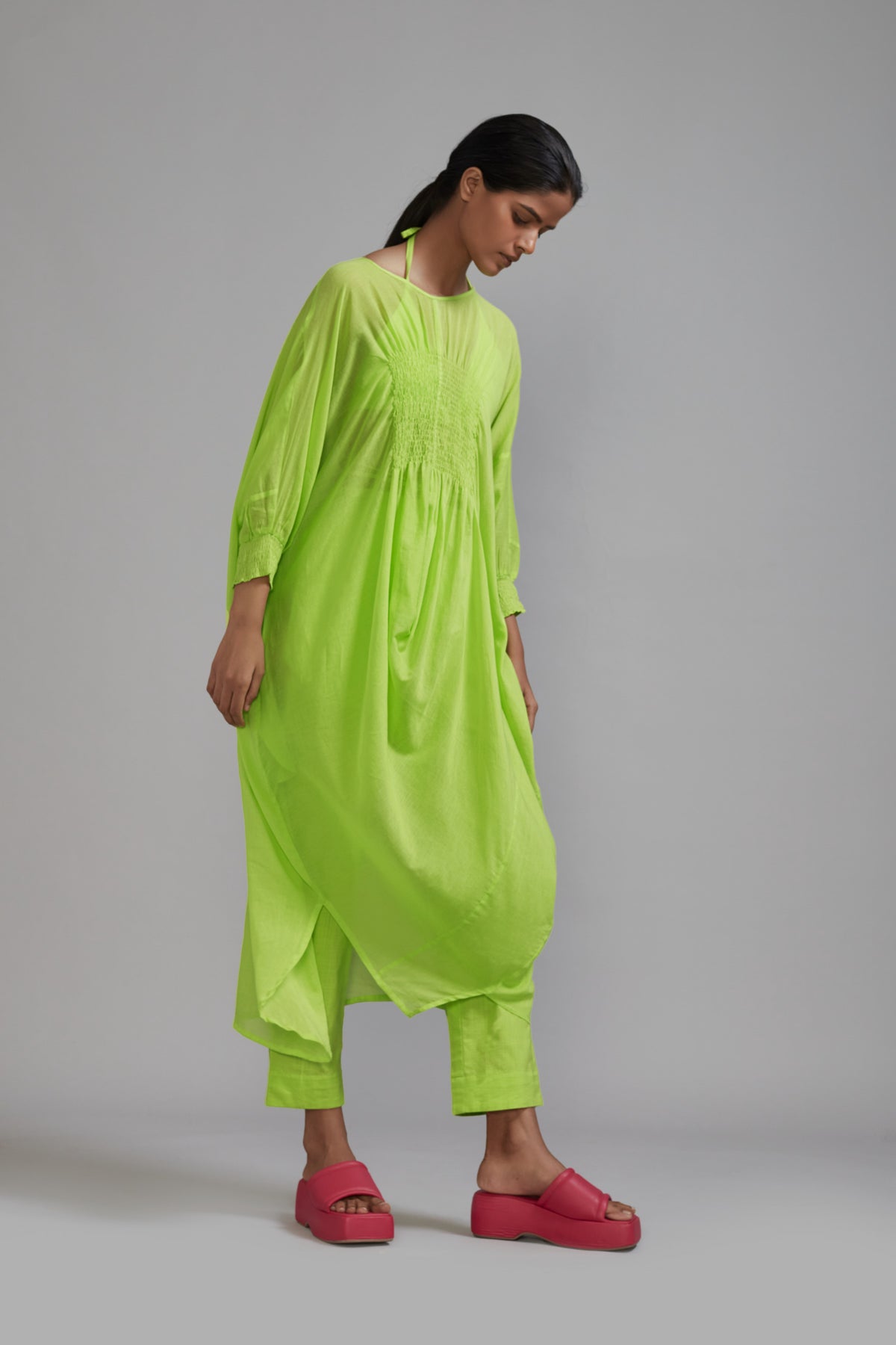 Green Smocked Cowl Tunic