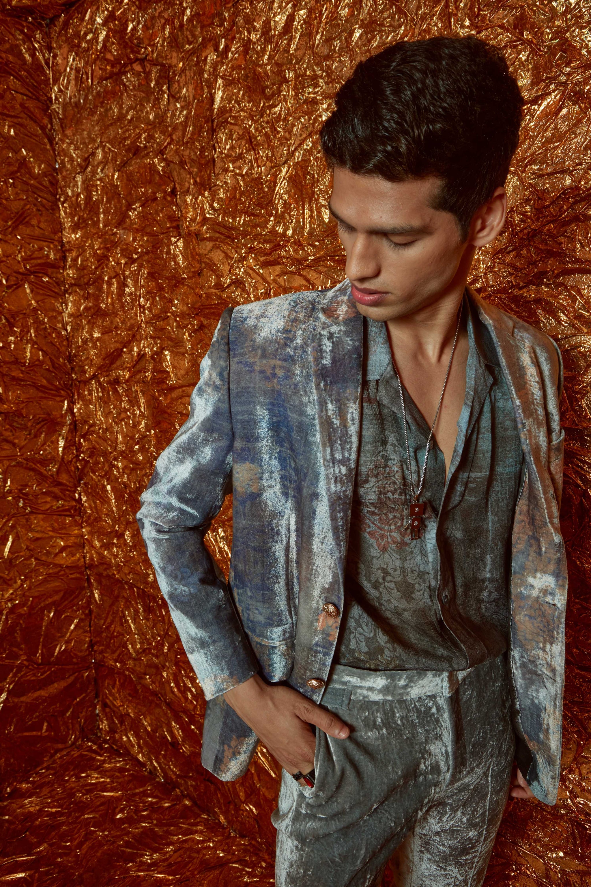 Nirmooha Grey Velvet Printed Blazer Elahe
