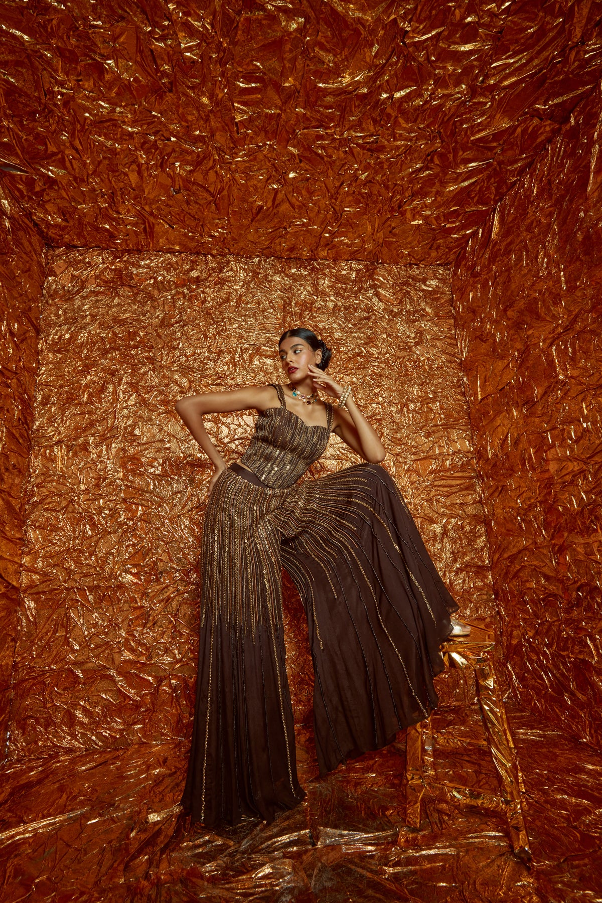 Brown Chiffon Sharara Set