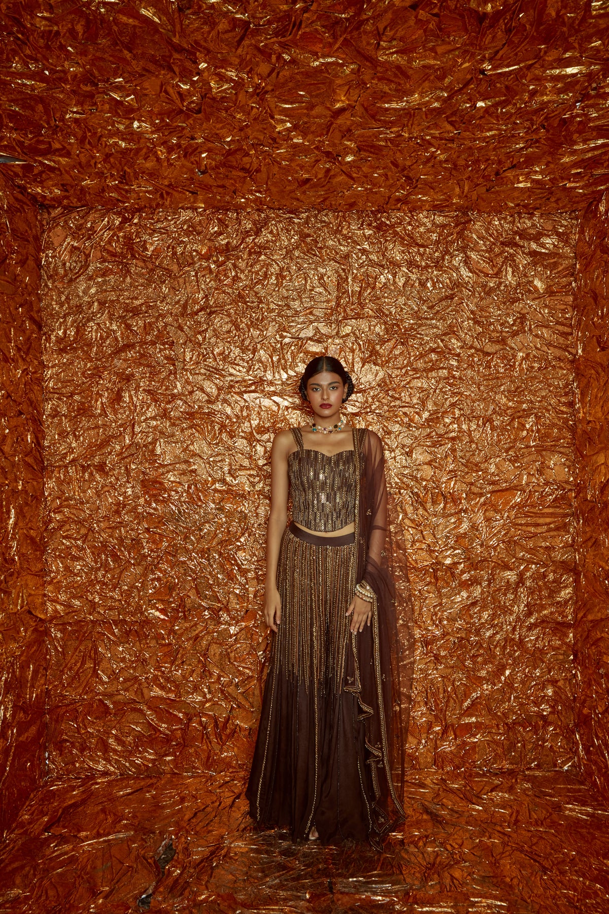Brown Chiffon Sharara Set