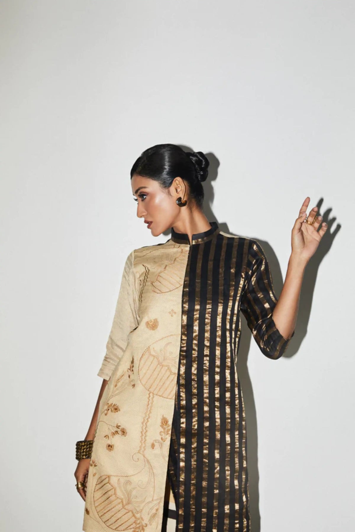 Black &amp; Gold Embroidered Silk Long Jacket