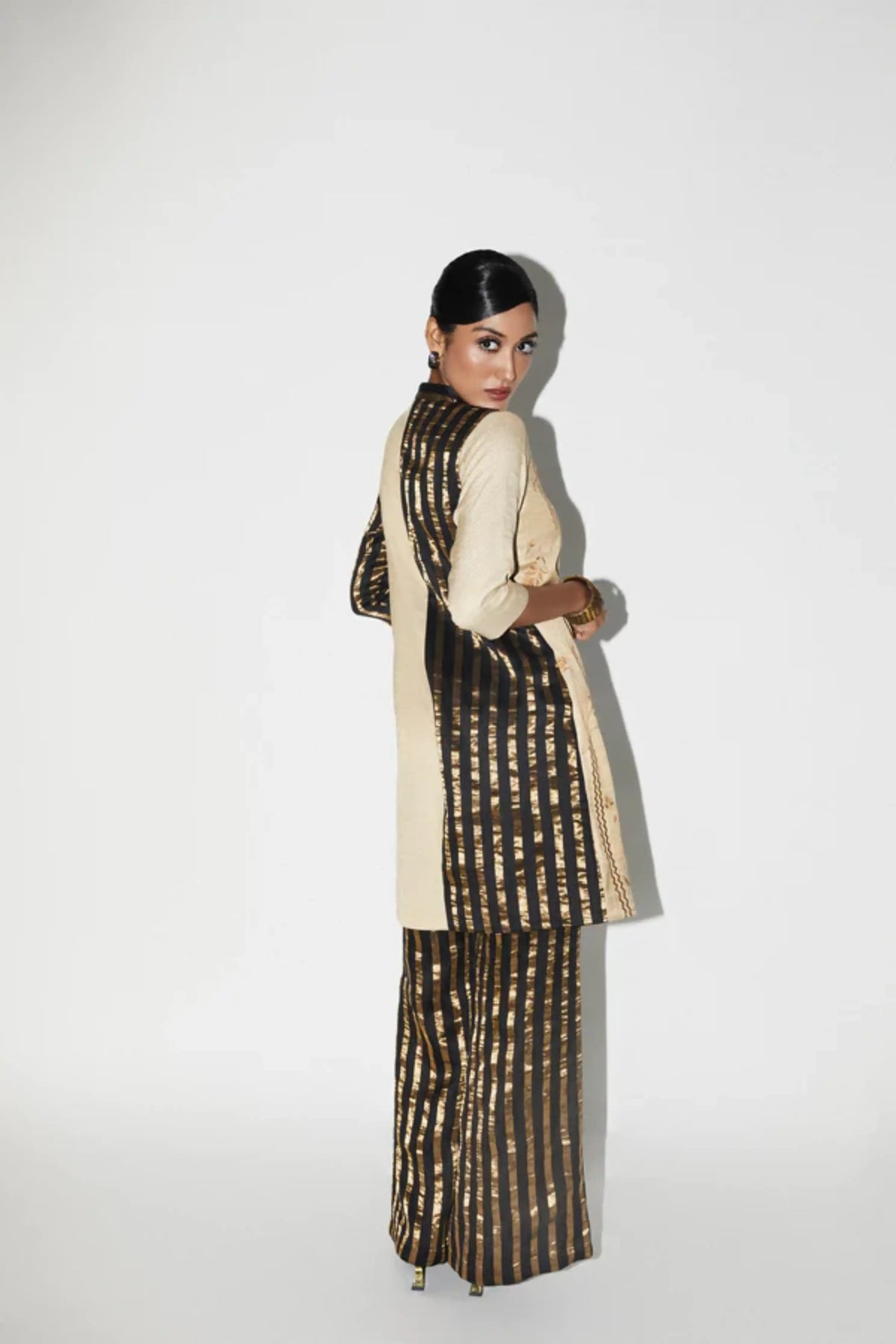 Black &amp; Gold Embroidered Silk Long Jacket