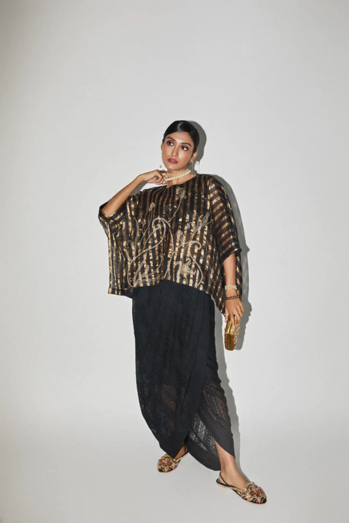 Black &amp; Gold Embroidered Kaftan Top &amp; Lace Skirt Set